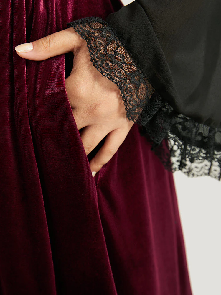 Halloween Two Tone Velvet Ruched Lace Panel Bell Sleeve Dress - Image 7