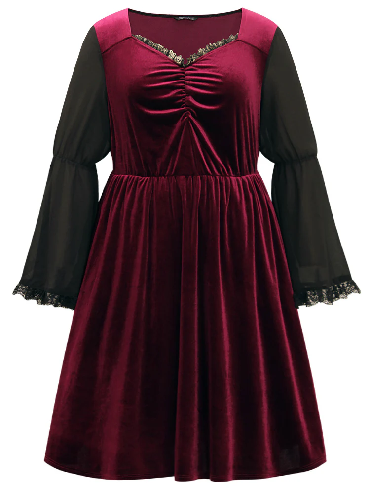 Halloween Two Tone Velvet Ruched Lace Panel Bell Sleeve Dress - Image 8