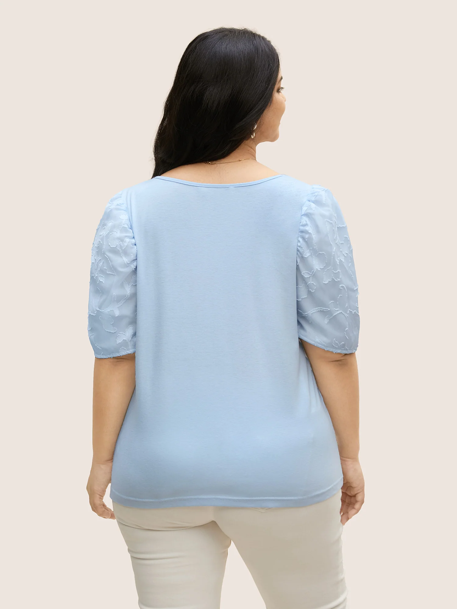 U Neck Chiffon Patchwork Bishop Sleeve T-shirt - Image 2