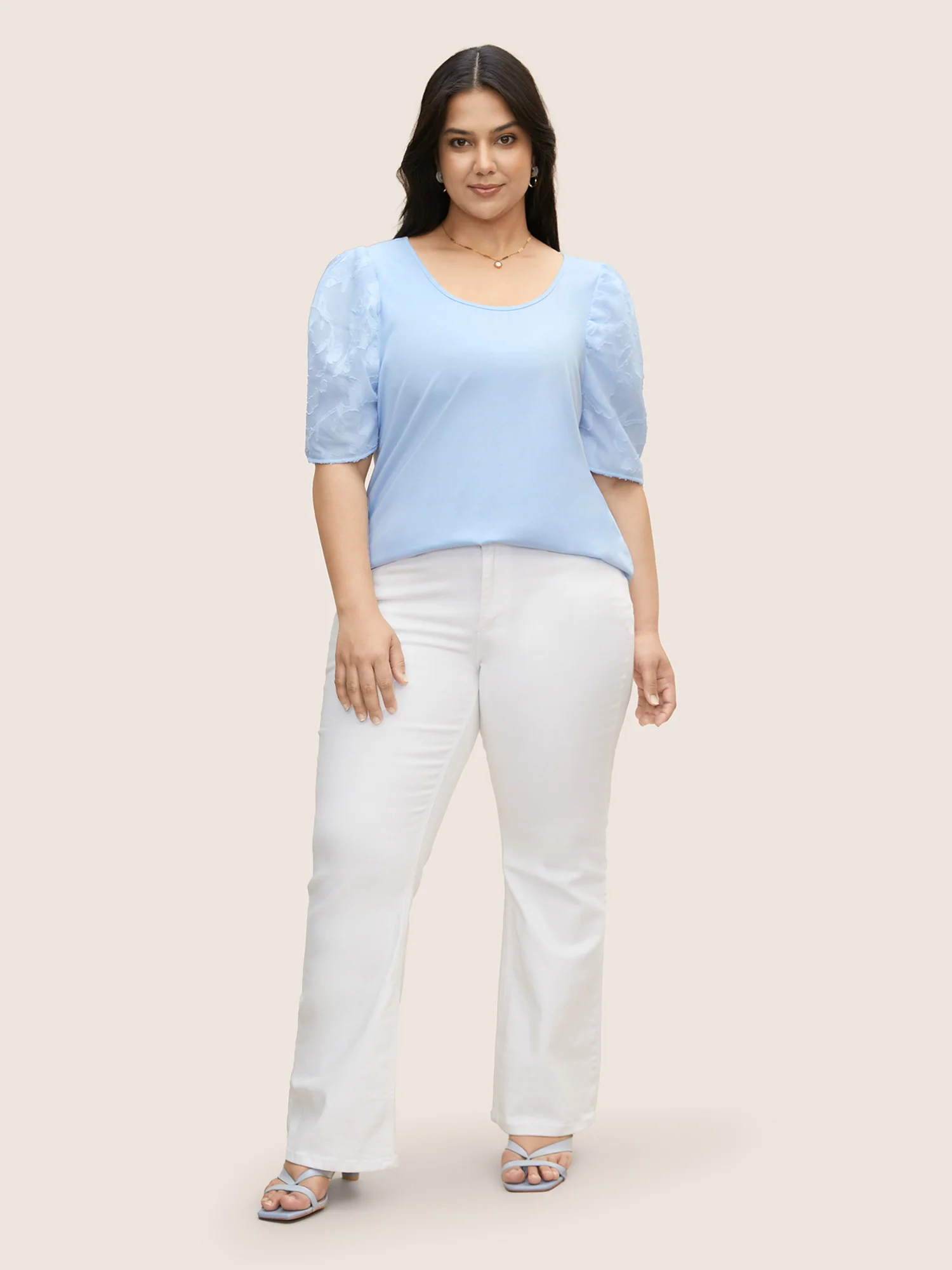U Neck Chiffon Patchwork Bishop Sleeve T-shirt - Image 4