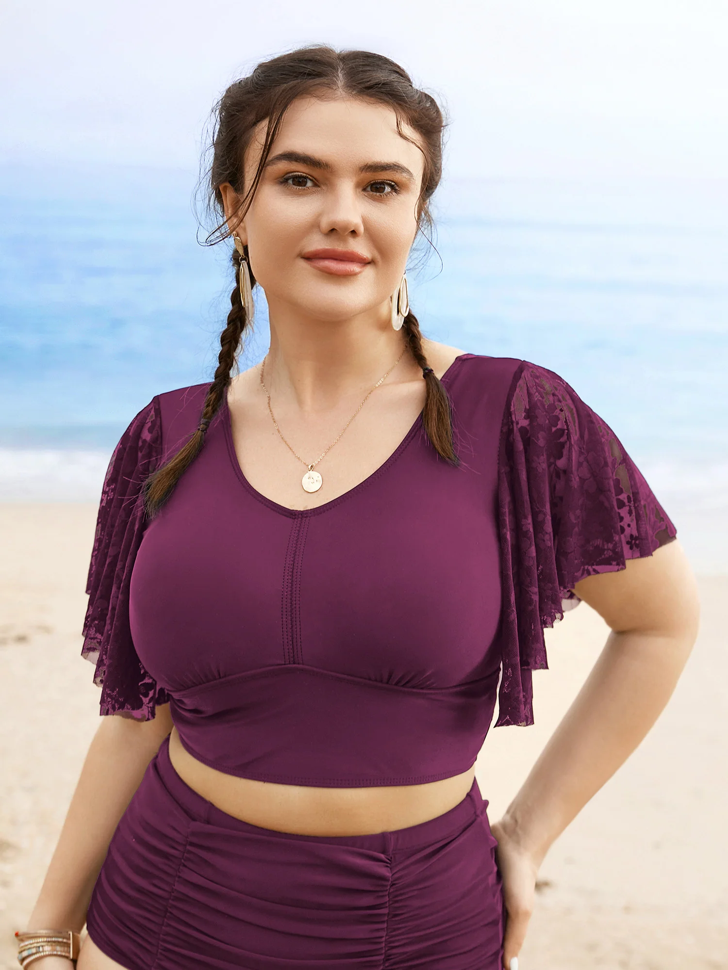 U Neck Crochet Lace Mesh Swim Top - Image 3