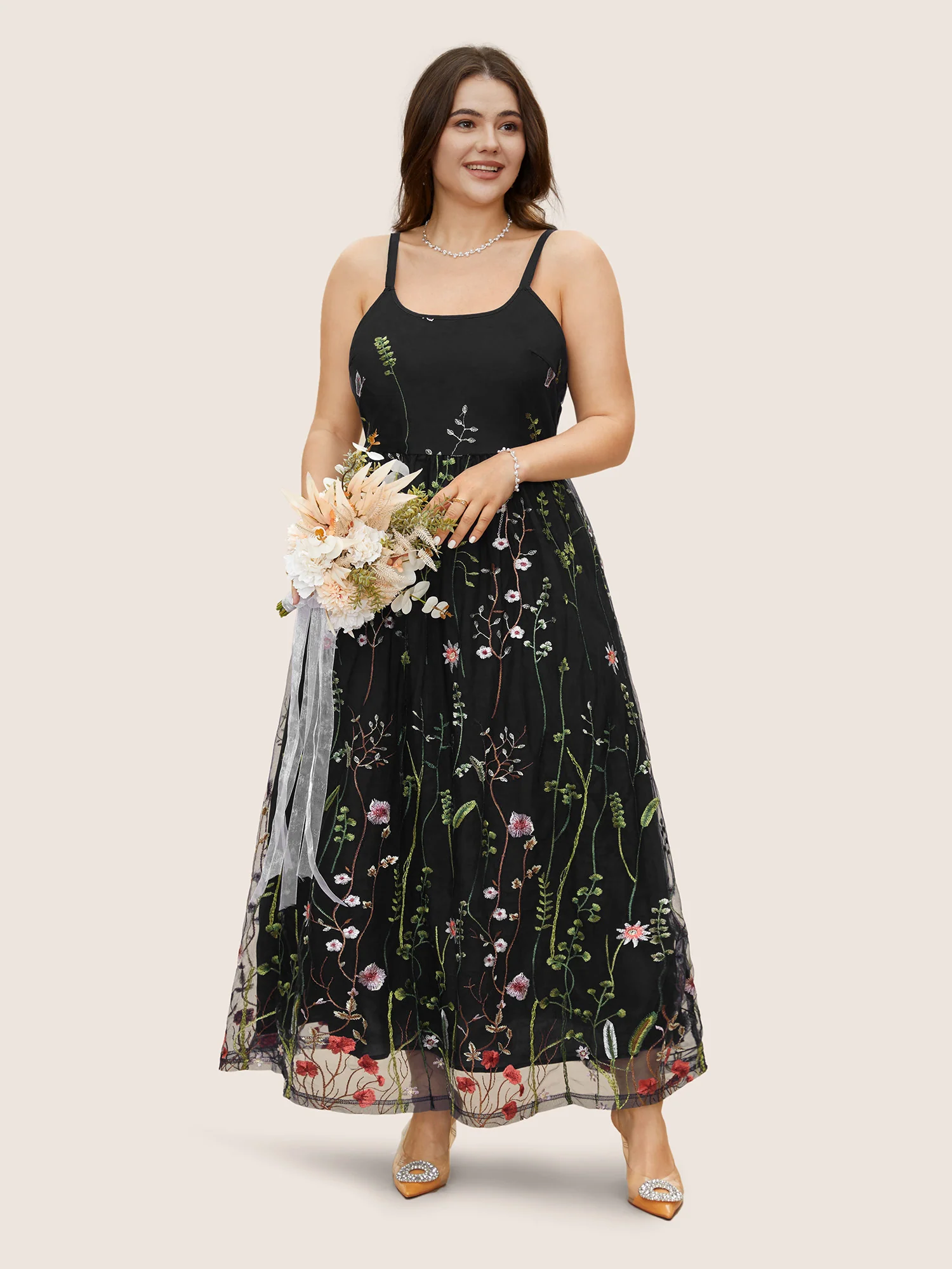 U Neck Floral Embroidered Mesh Cami Dress - Image 10