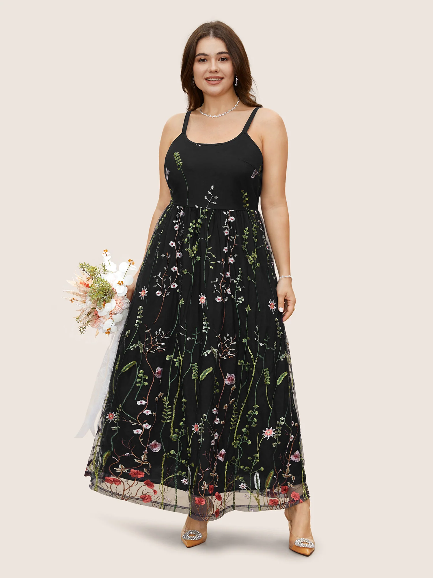 U Neck Floral Embroidered Mesh Cami Dress - Image 11