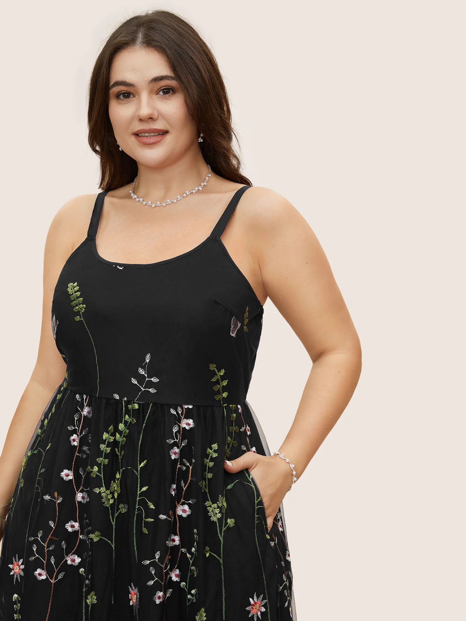 U Neck Floral Embroidered Mesh Cami Dress - Image 13
