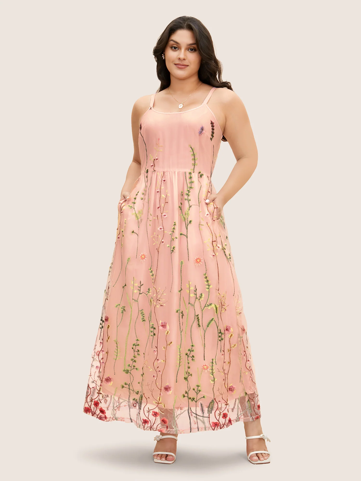 U Neck Floral Embroidered Mesh Cami Dress - Image 8