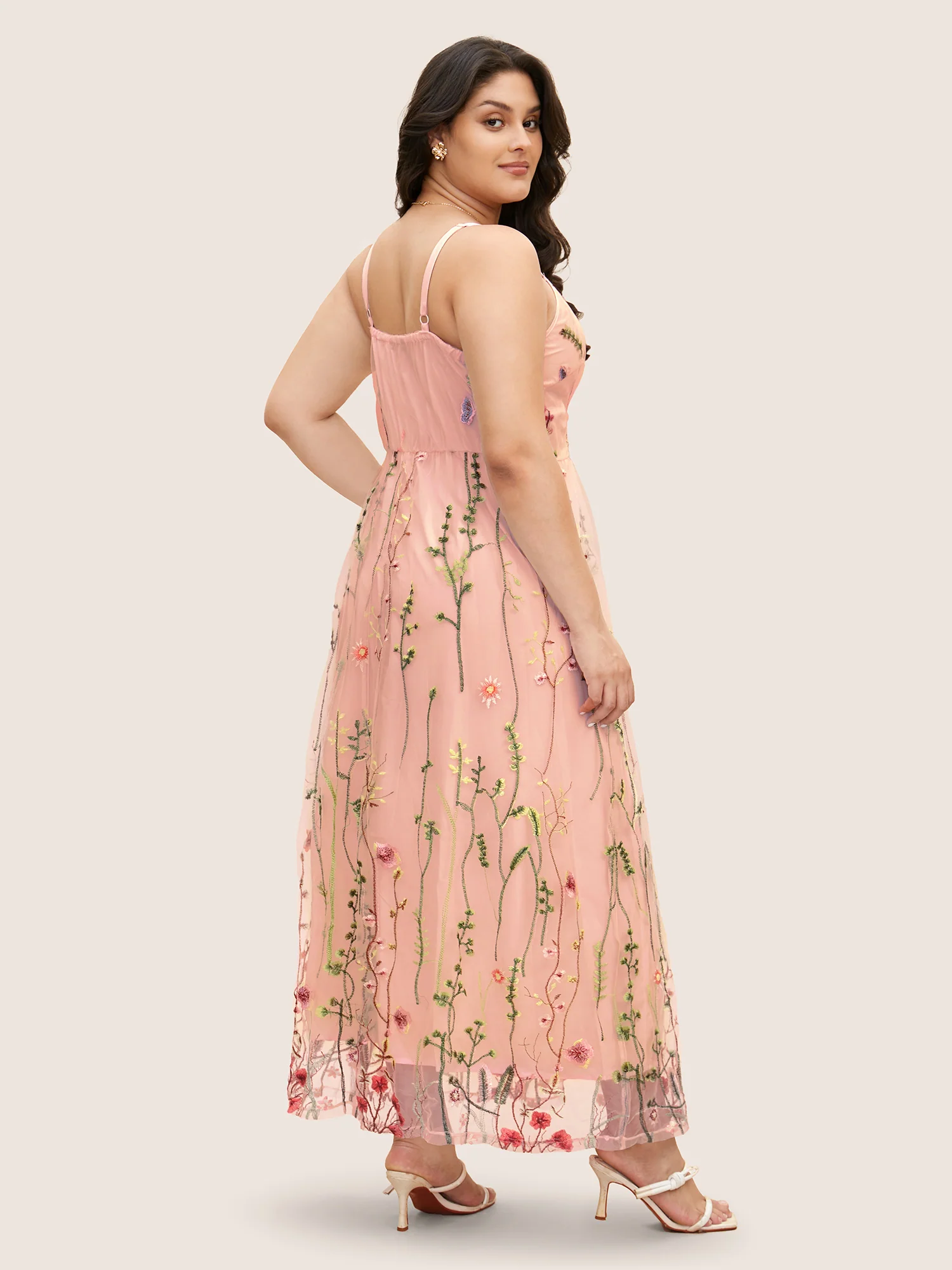 U Neck Floral Embroidered Mesh Cami Dress - Image 9