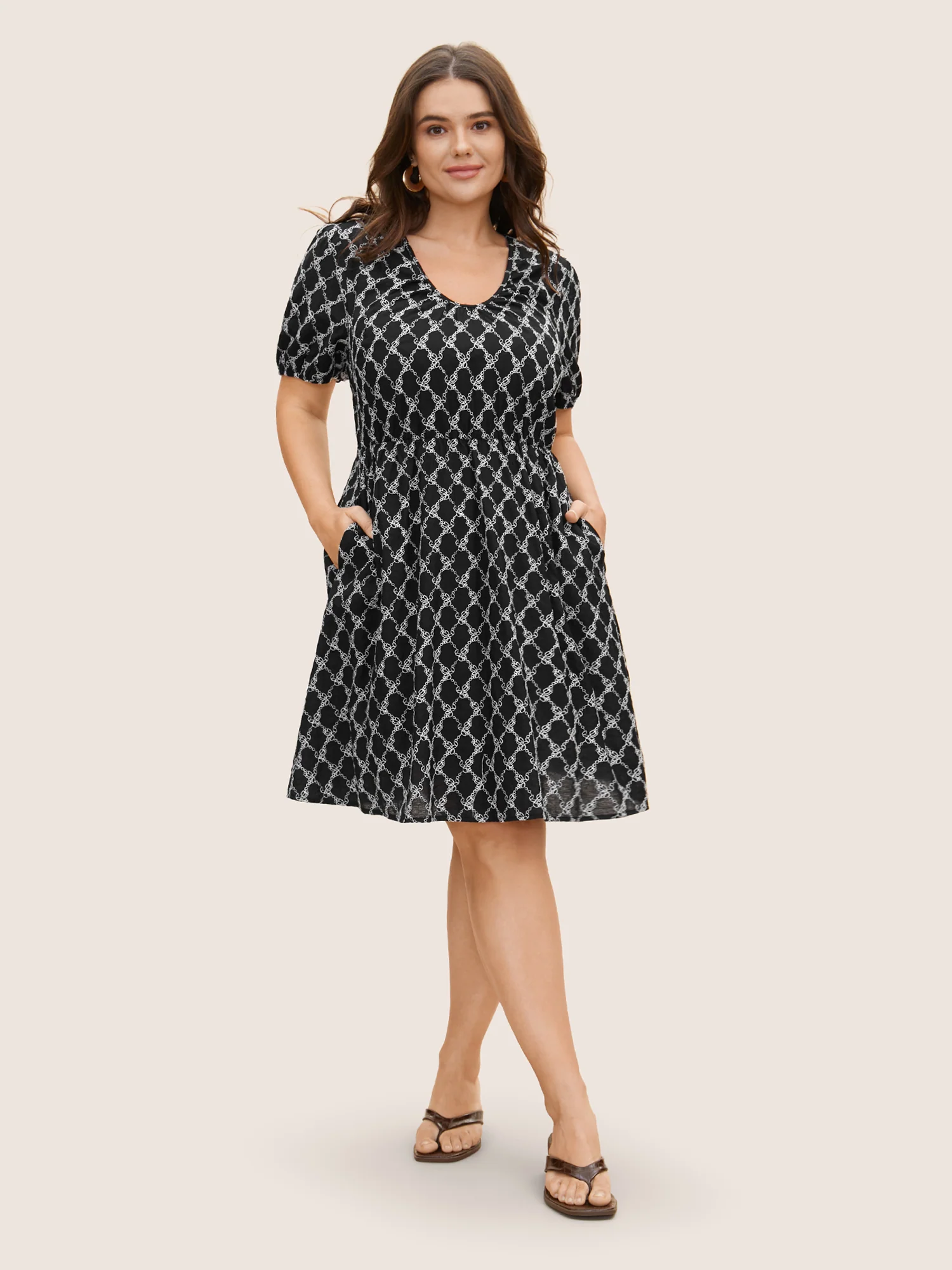 U Neck Geometric Tie Knot Puff Sleeve Dress - Image 3