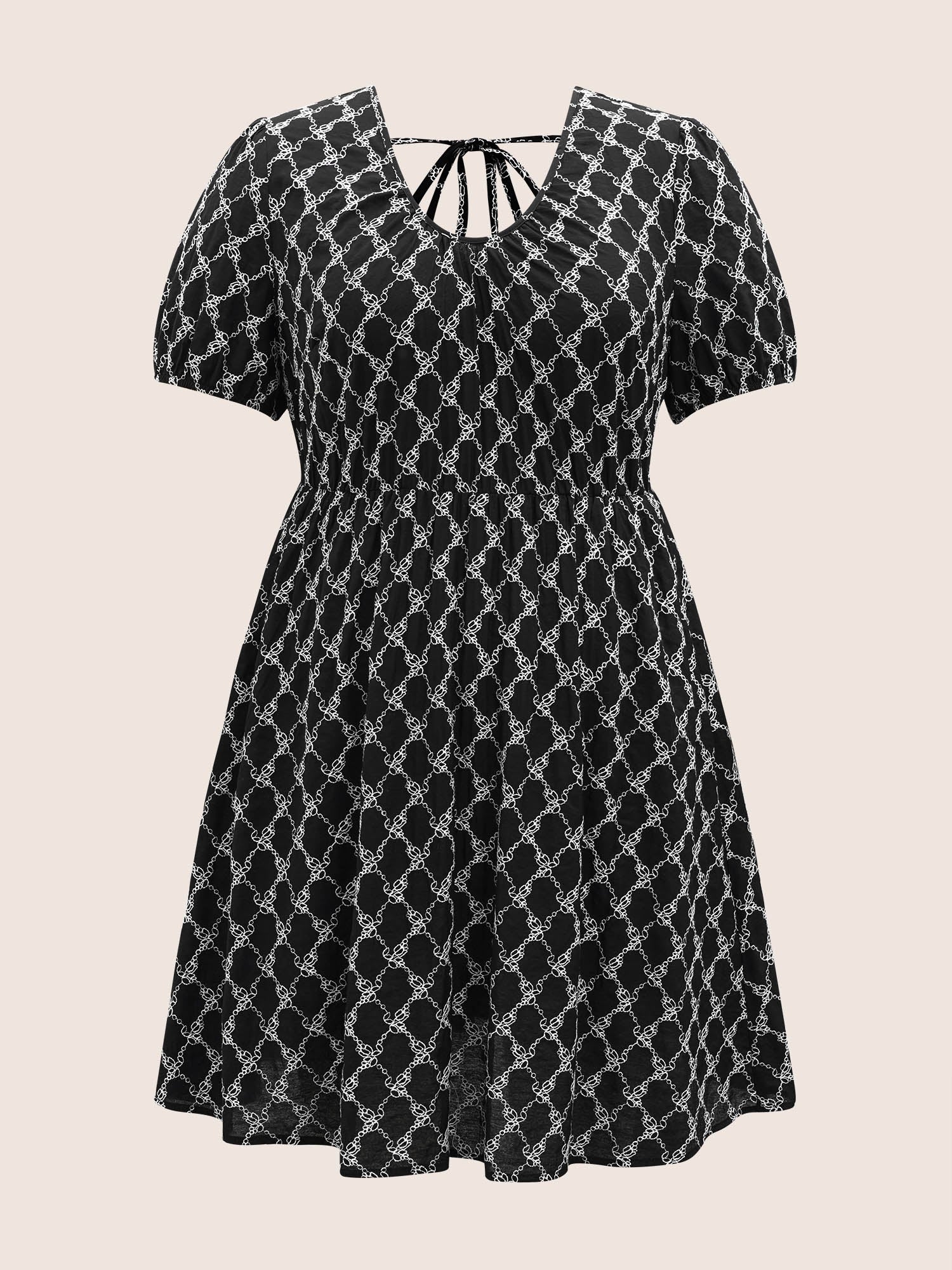 U Neck Geometric Tie Knot Puff Sleeve Dress - Image 7
