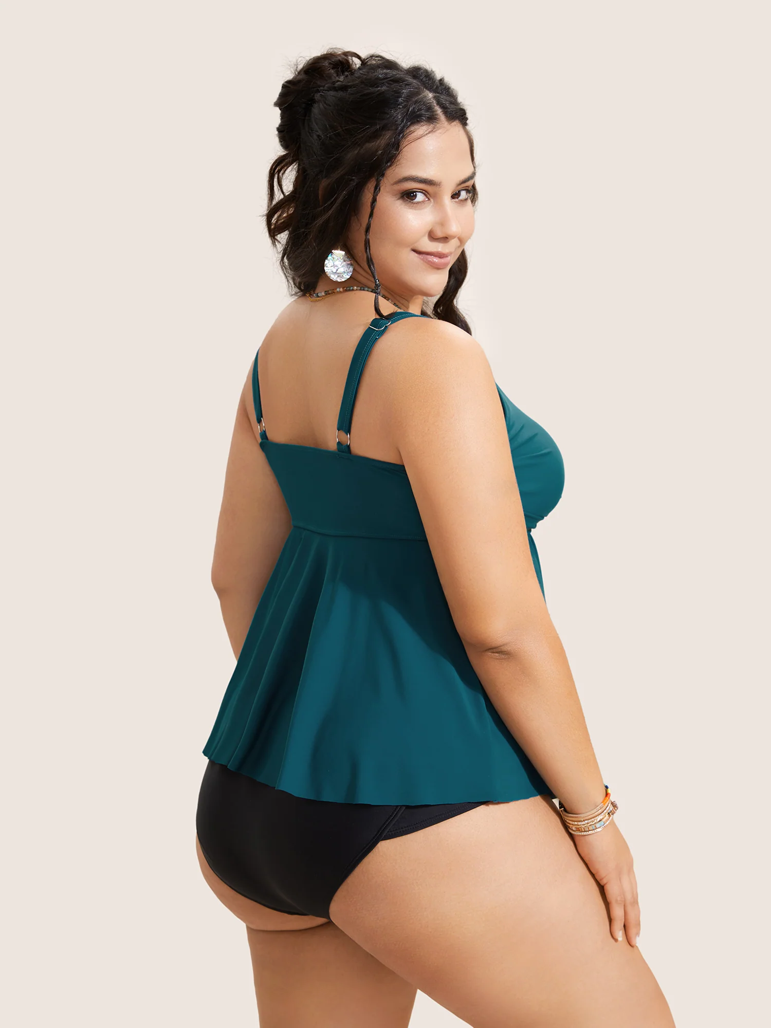 U Neck Plain Crossover Gathered Swim Top - Image 2