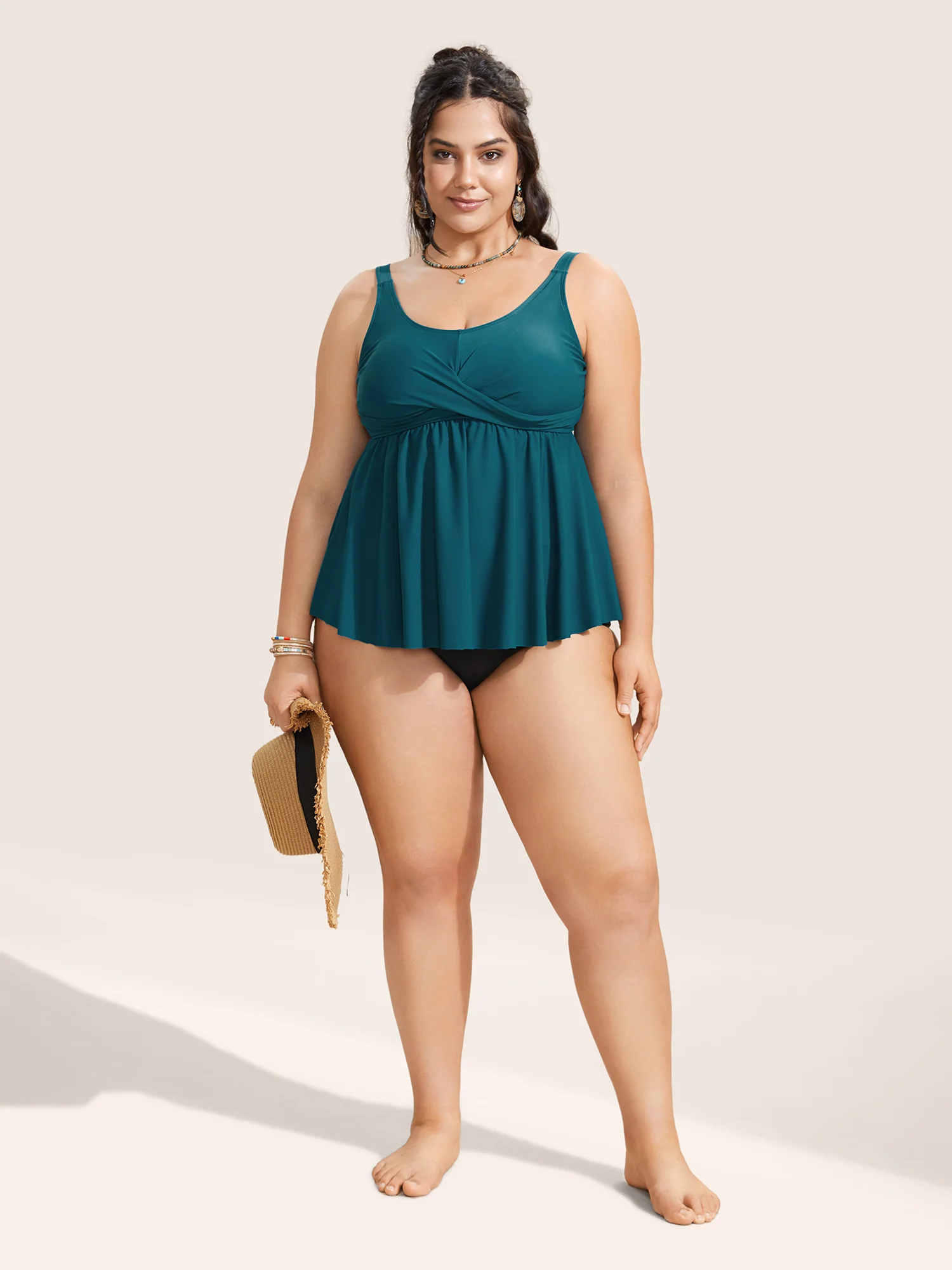 U Neck Plain Crossover Gathered Swim Top - Image 4