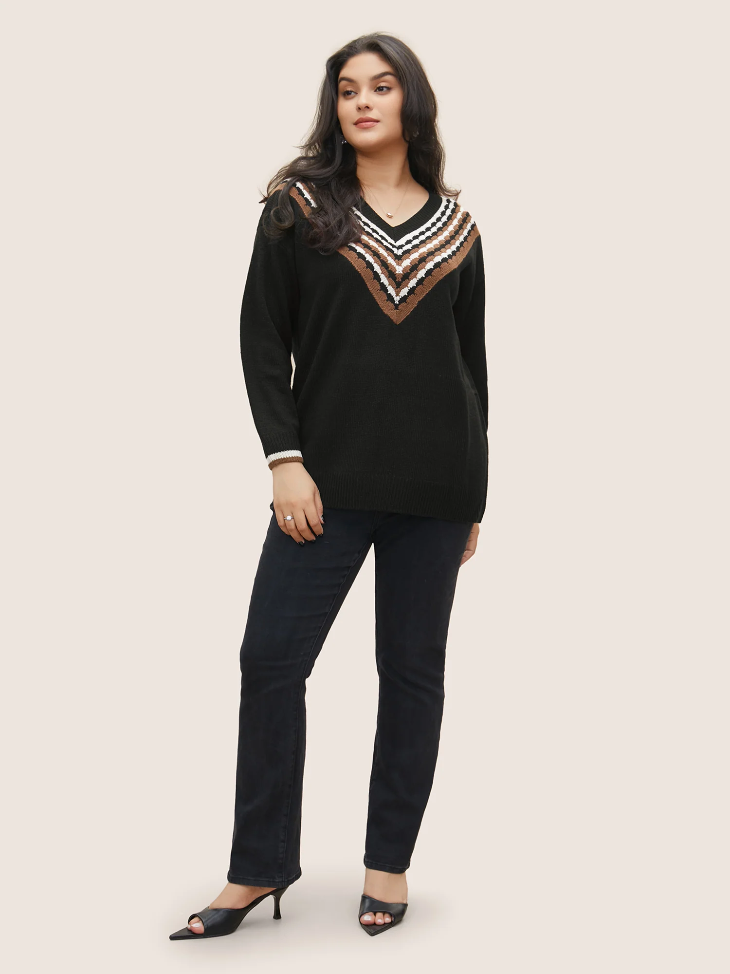 V Contrast Striped Patchwork Knit Pullover - Image 3