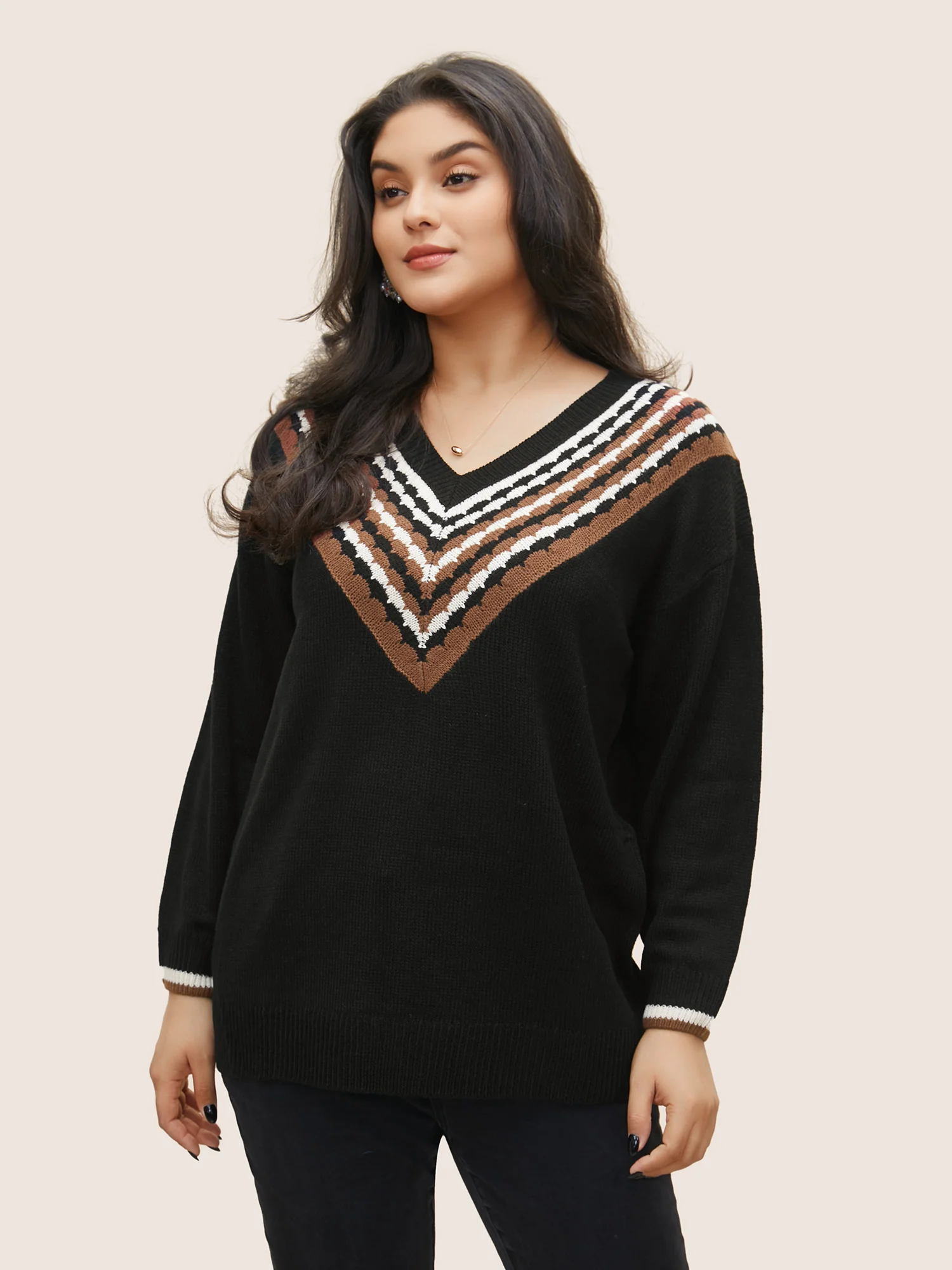 V Contrast Striped Patchwork Knit Pullover - Image 5