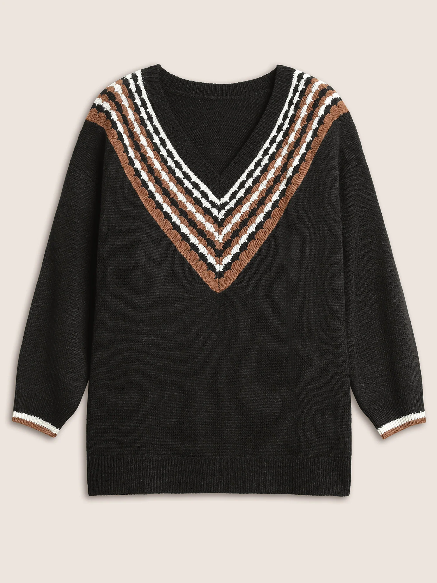 V Contrast Striped Patchwork Knit Pullover - Image 8