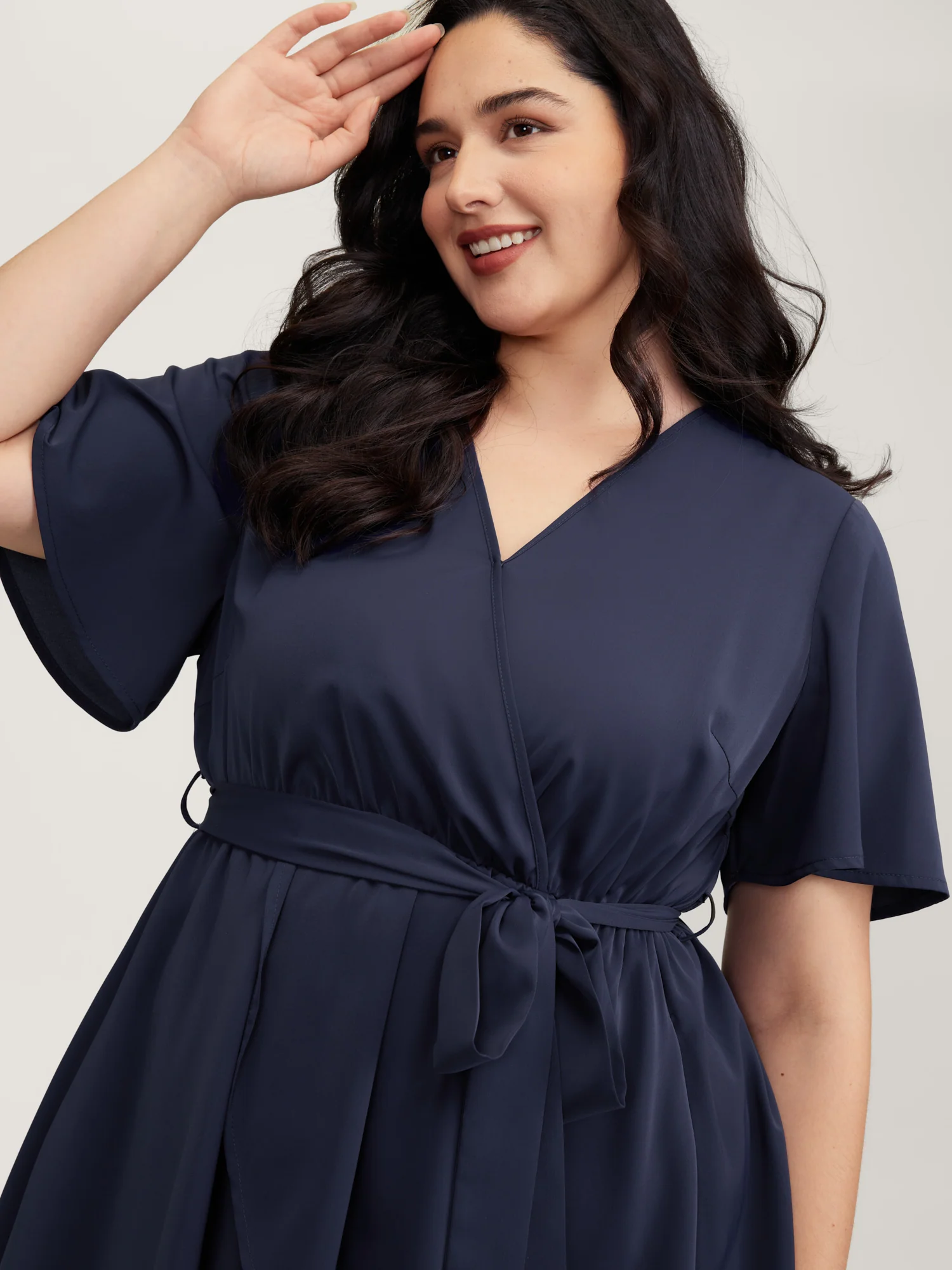 V-Neck Adjustable Belted Waist Mini Dress - Image 2