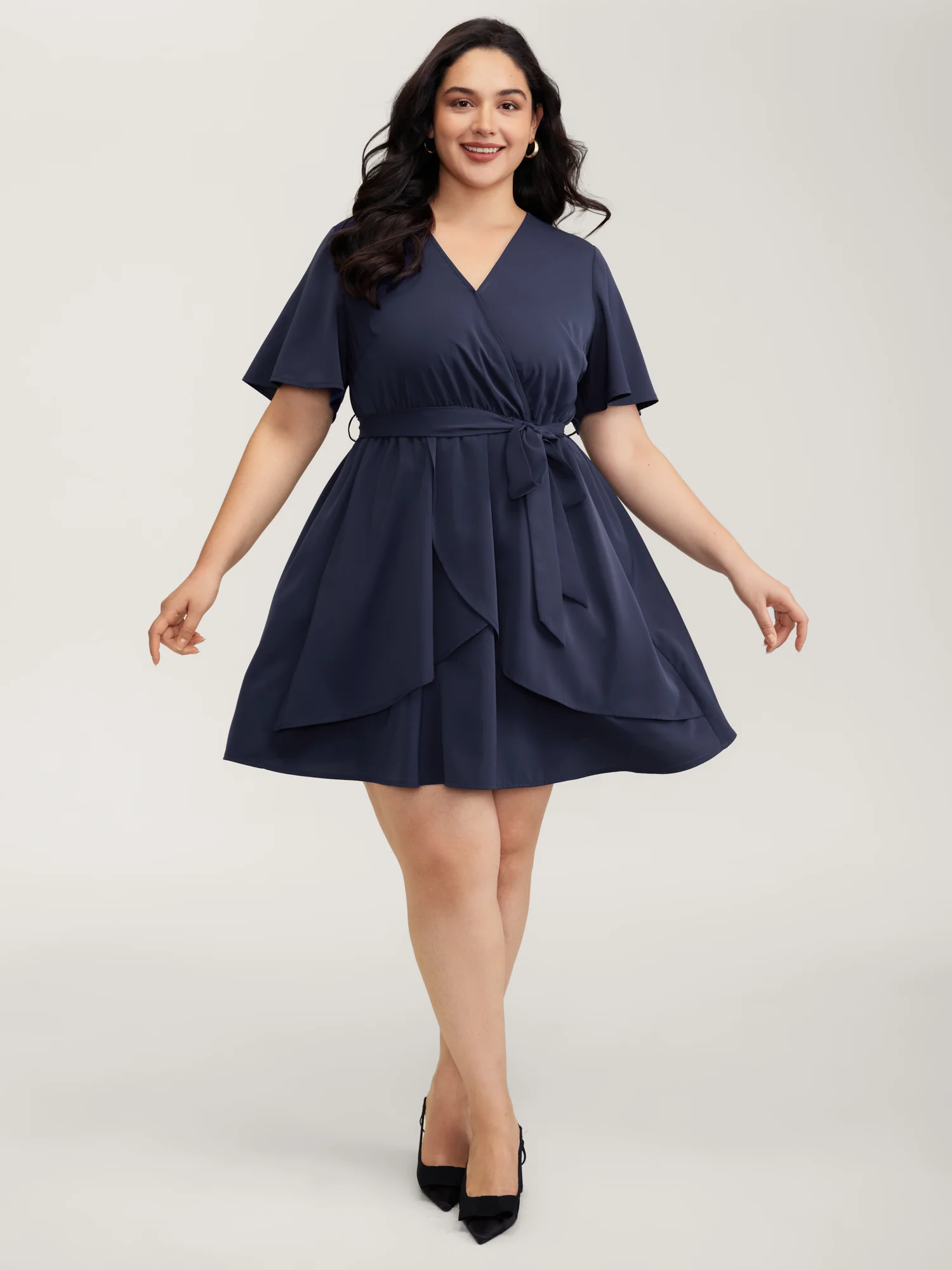 V-Neck Adjustable Belted Waist Mini Dress - Image 4