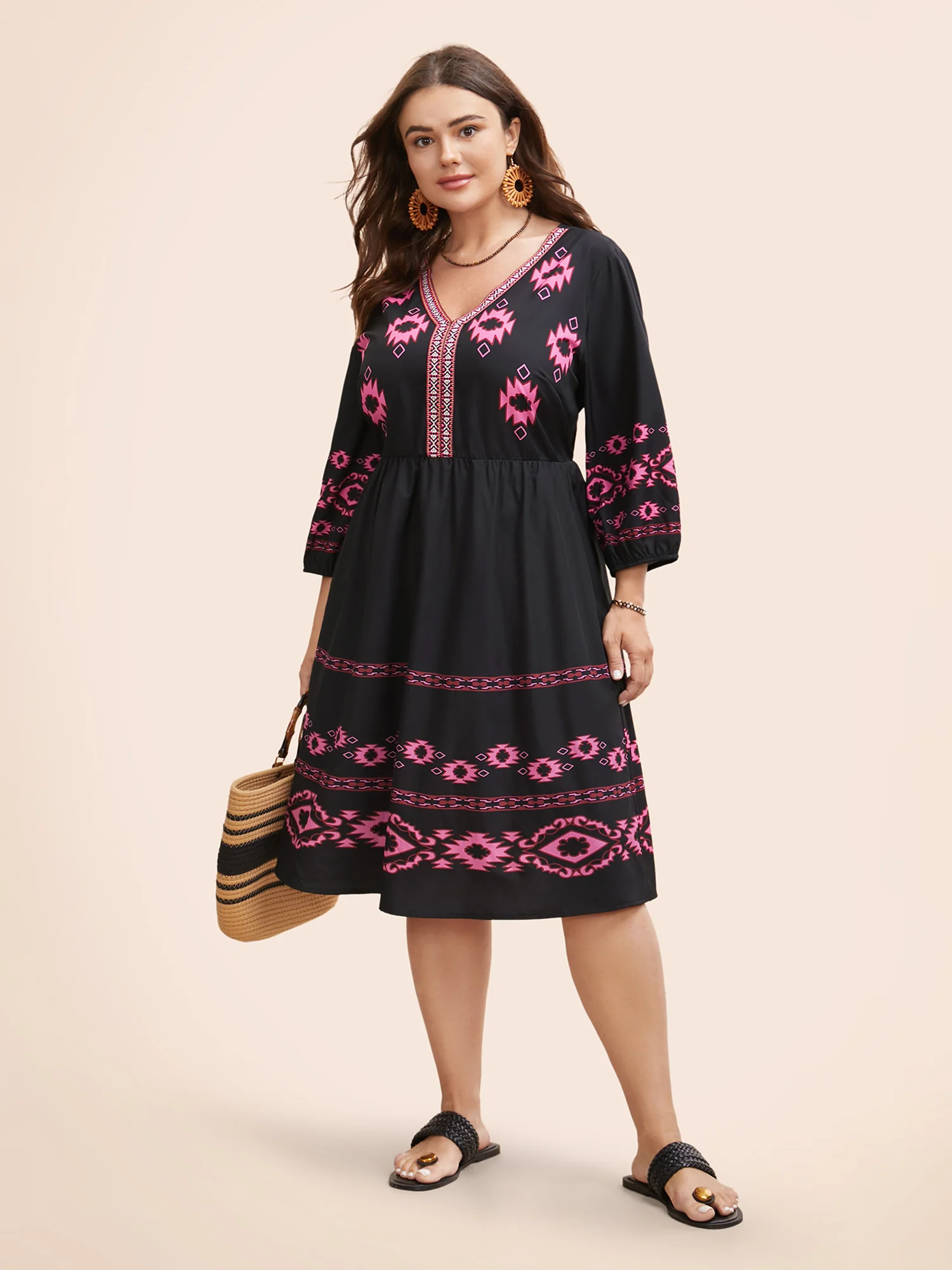 V Neck Bandana Print Elastic Waist Dress - Image 2