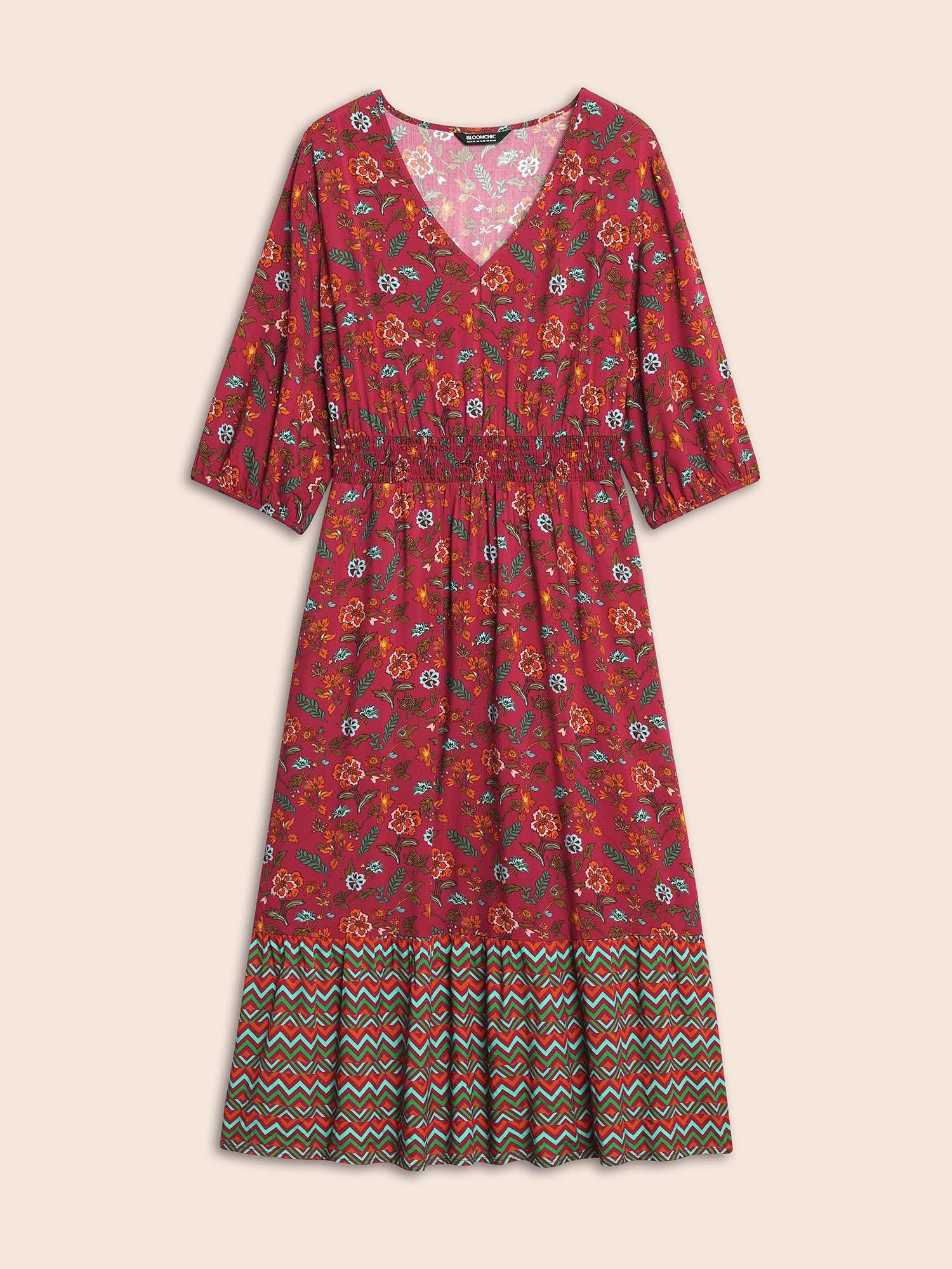 V Neck Bandana Print Shirred Dress - Image 7