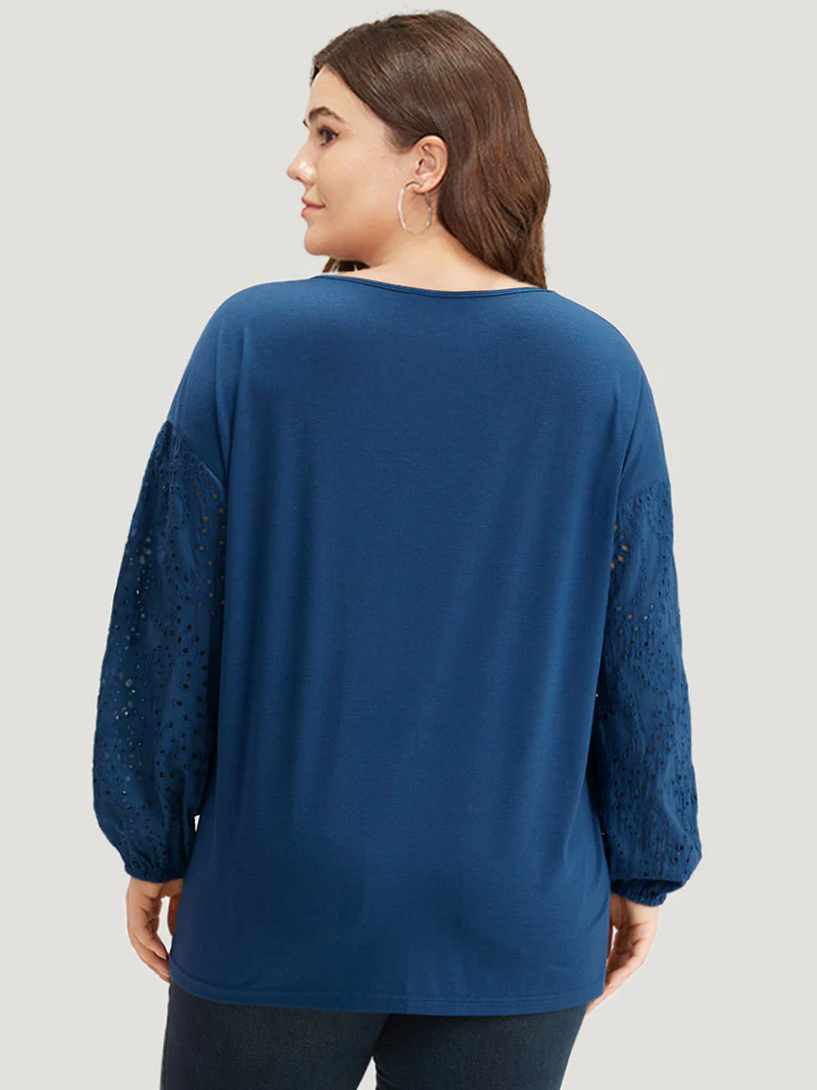 V Neck Broderie Anglaise Patchwork Lantern Sleeve T-shirt - Image 2