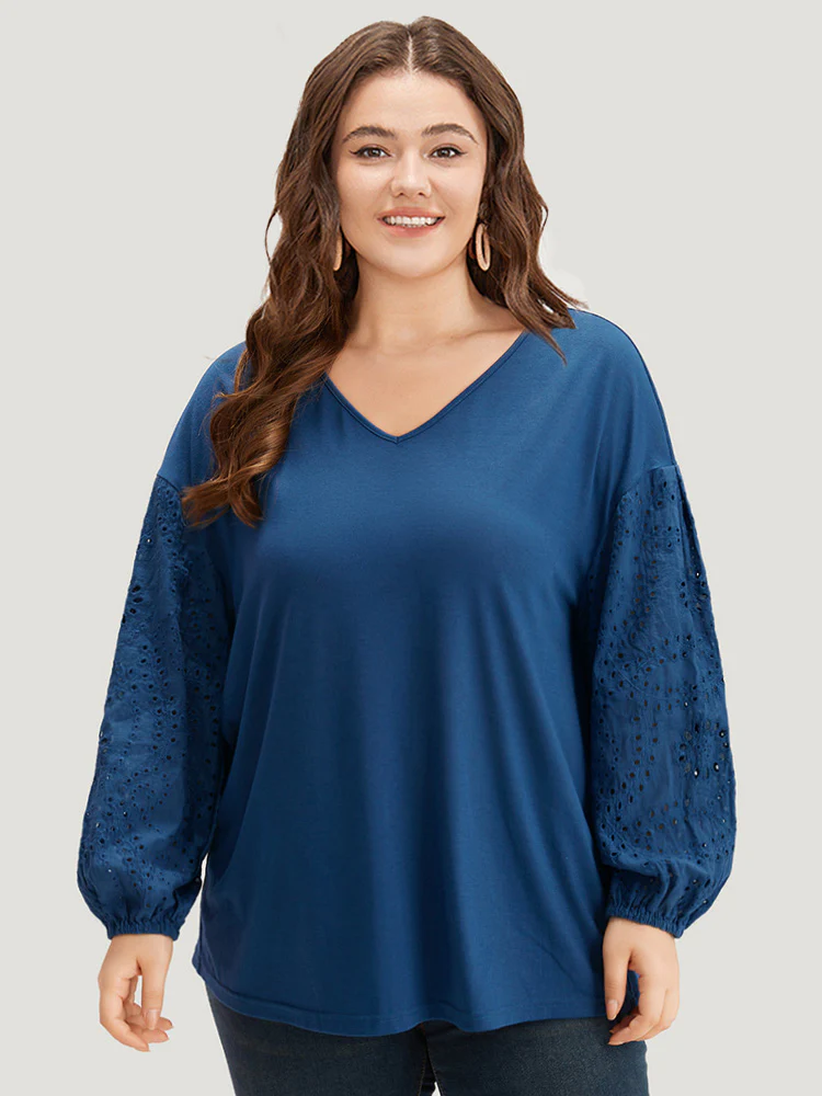 V Neck Broderie Anglaise Patchwork Lantern Sleeve T-shirt - Image 3