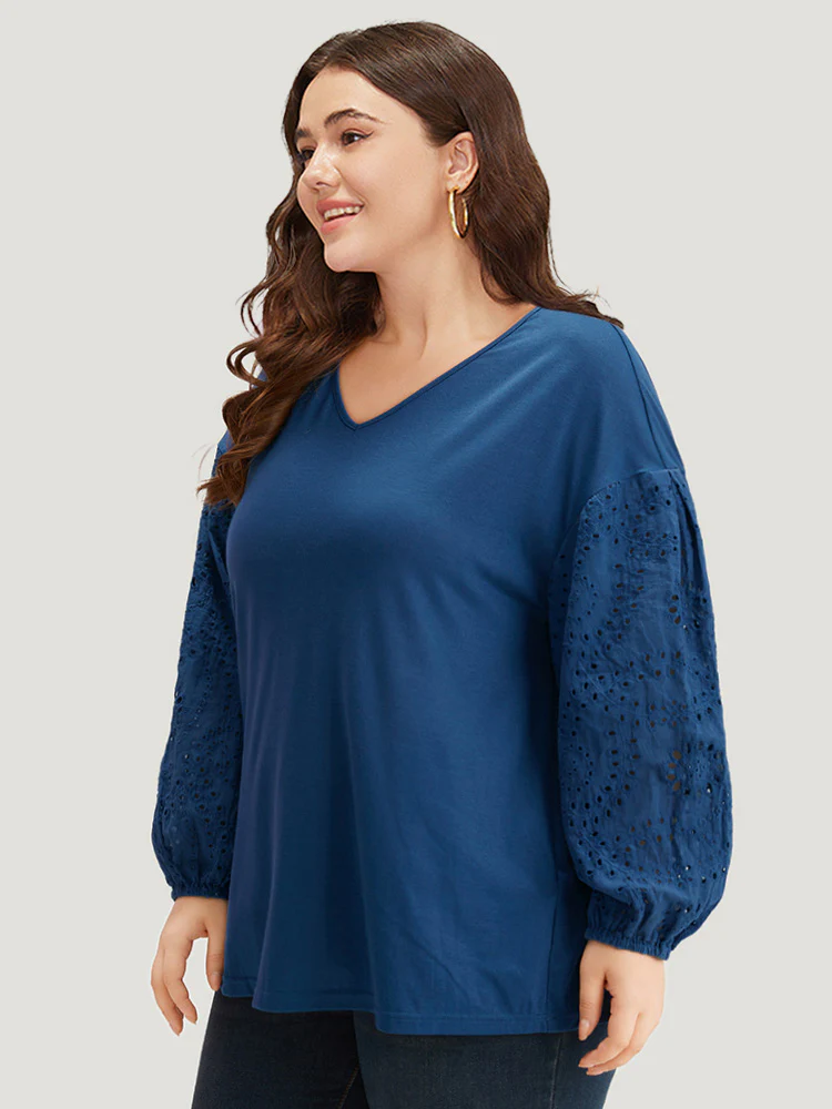 V Neck Broderie Anglaise Patchwork Lantern Sleeve T-shirt - Image 4