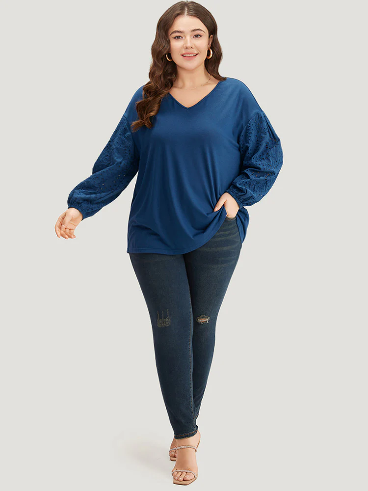 V Neck Broderie Anglaise Patchwork Lantern Sleeve T-shirt - Image 5