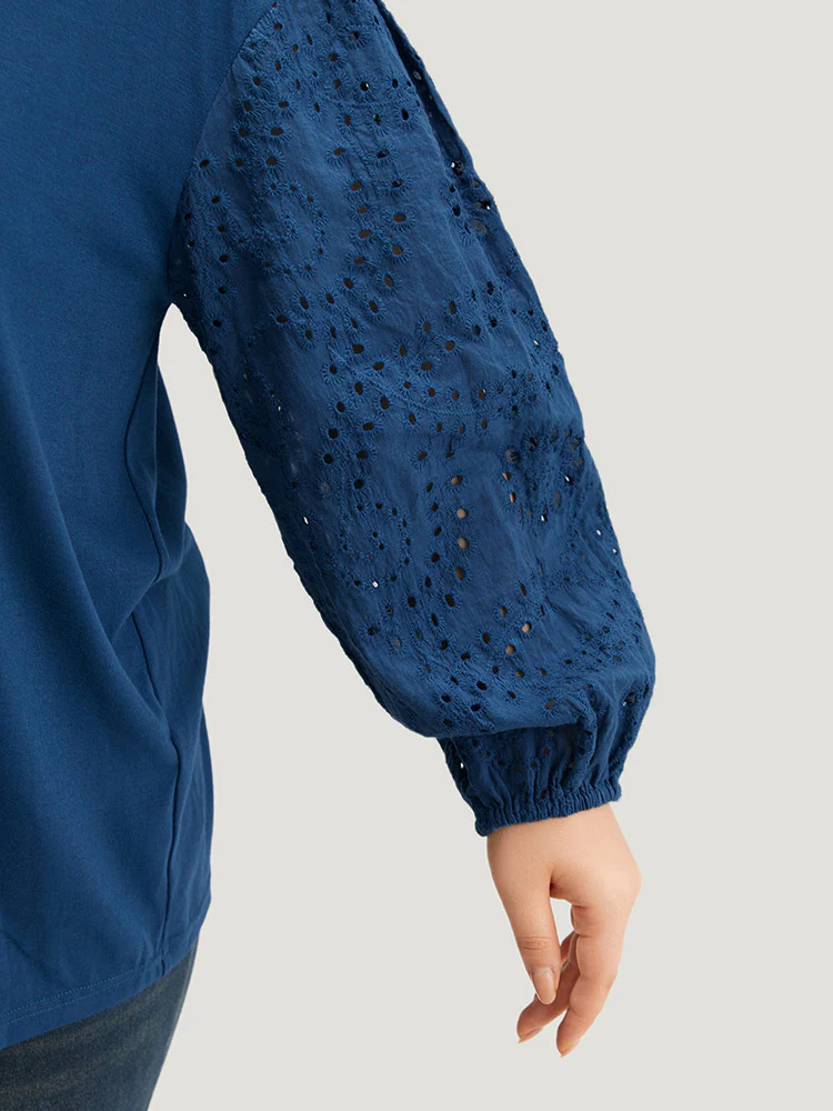 V Neck Broderie Anglaise Patchwork Lantern Sleeve T-shirt - Image 7