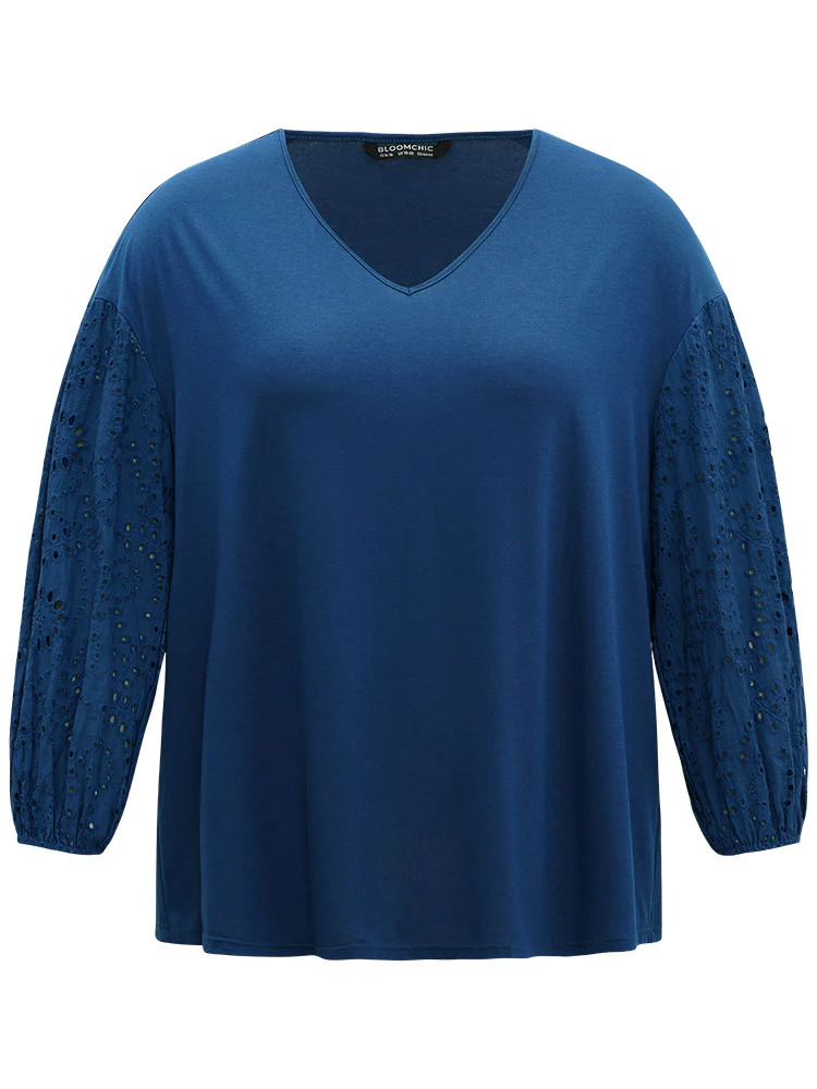 V Neck Broderie Anglaise Patchwork Lantern Sleeve T-shirt - Image 8