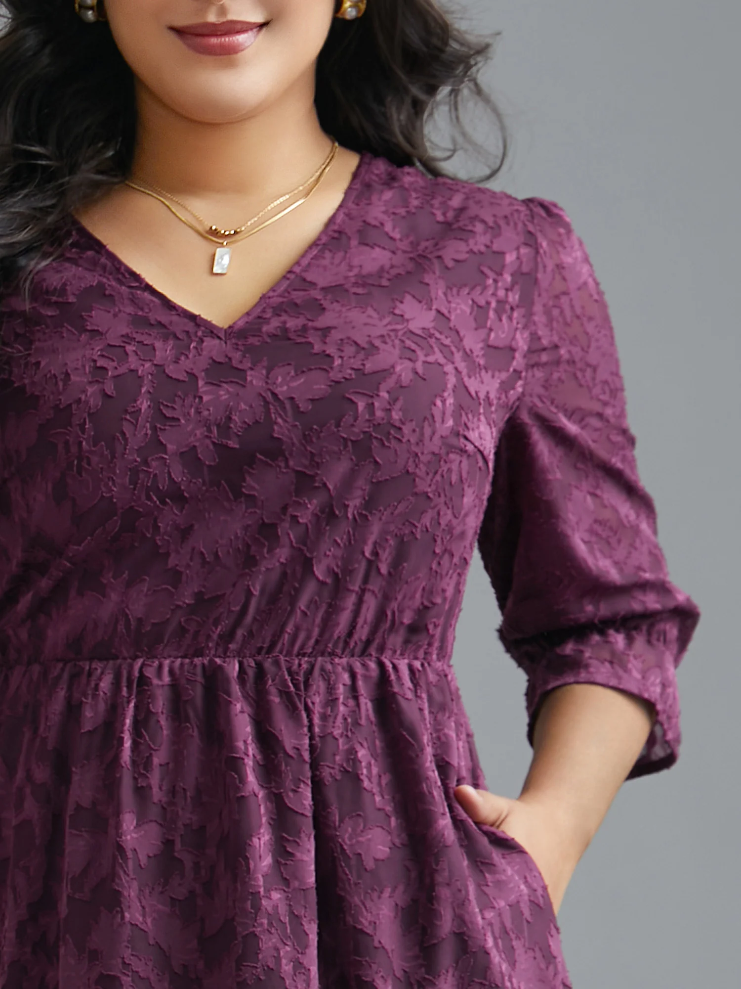 V Neck Burn-out Fabric Midi Dress - Image 5