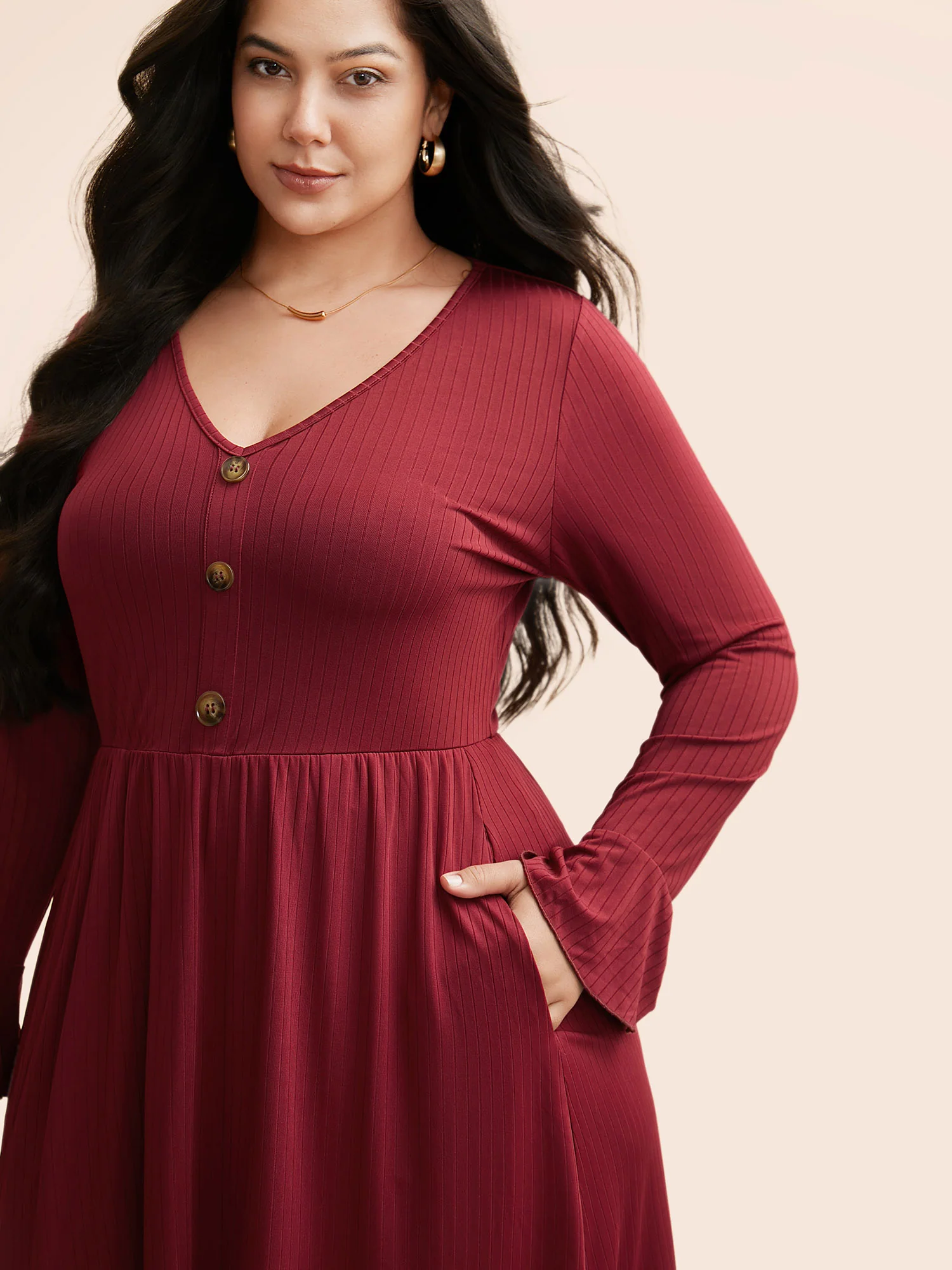 V Neck Button Detail Rib Knit Dress - Image 2