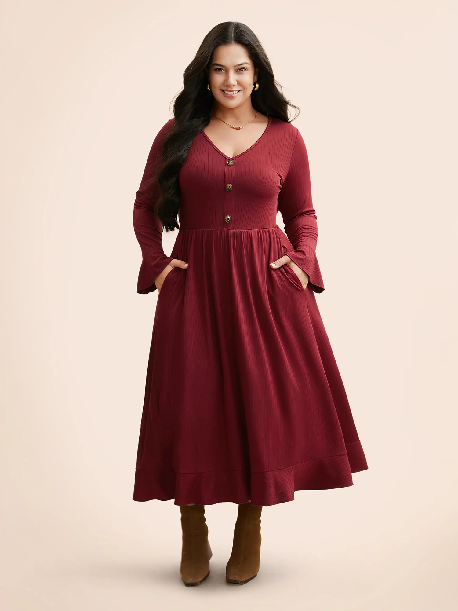 V Neck Button Detail Rib Knit Dress - Image 3