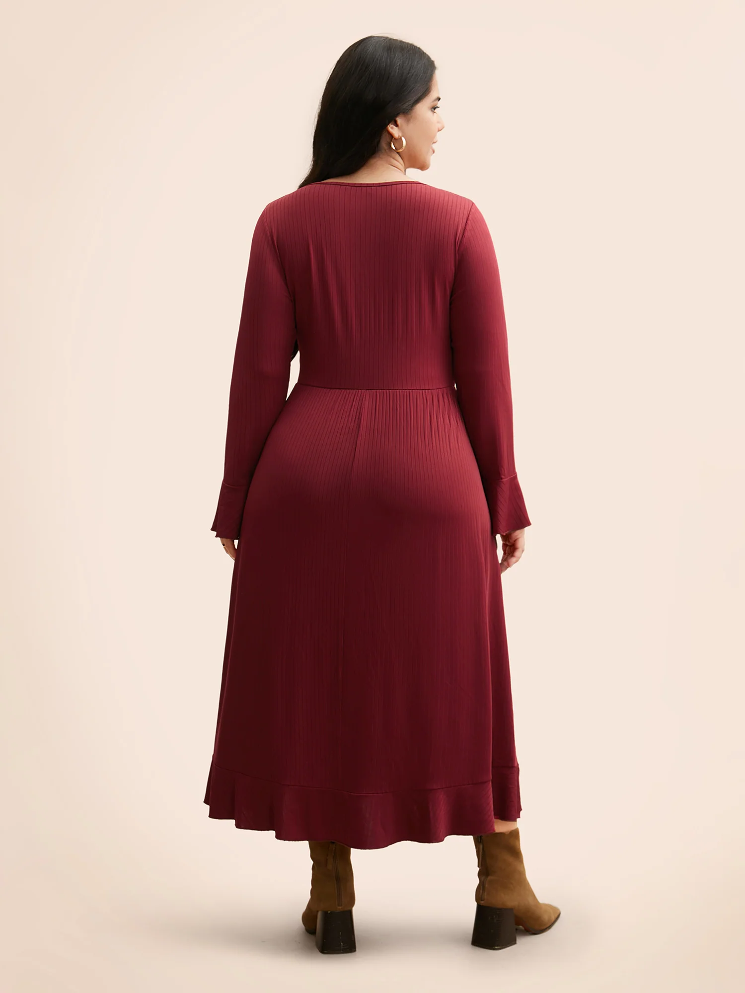 V Neck Button Detail Rib Knit Dress - Image 4