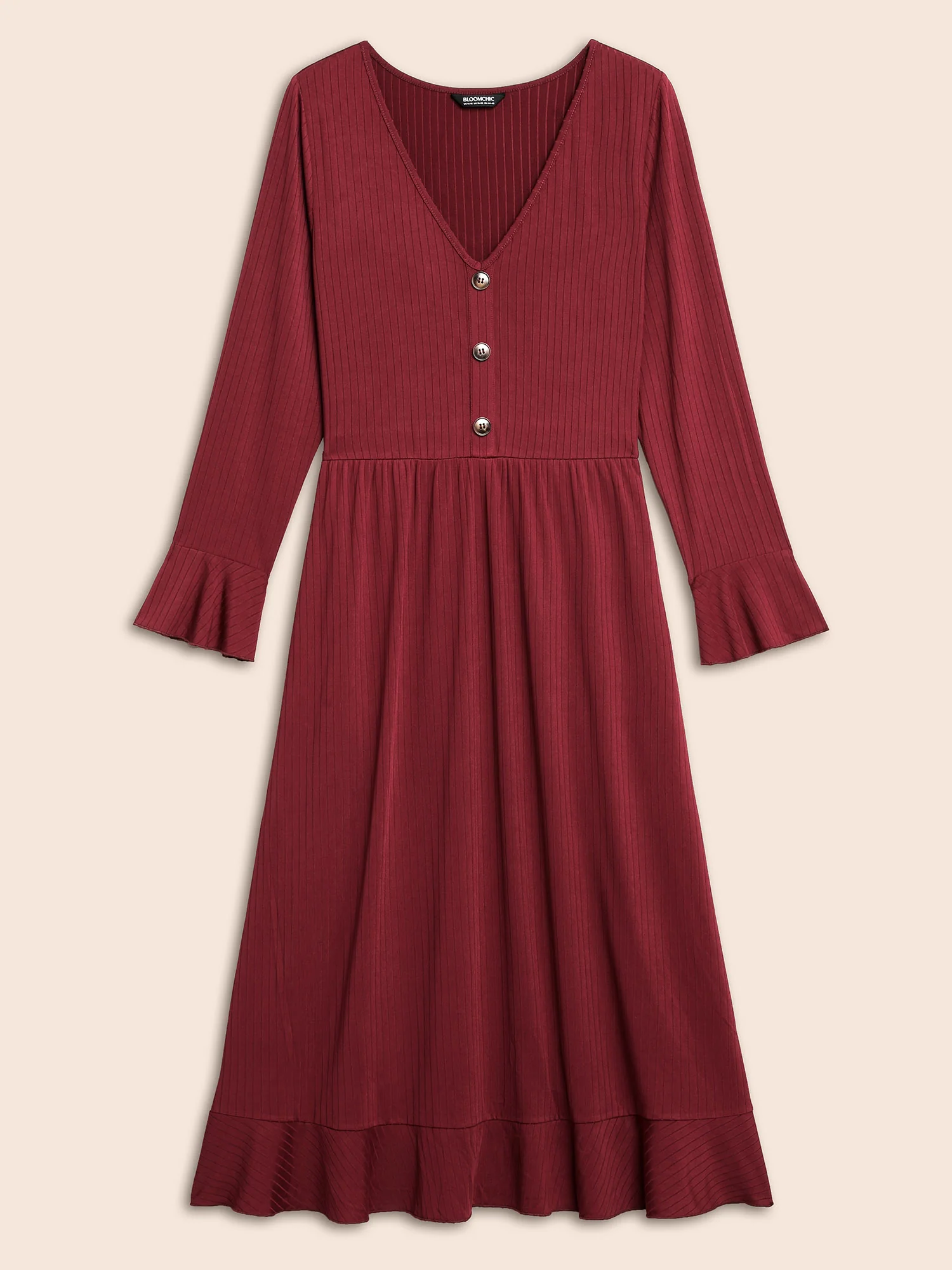 V Neck Button Detail Rib Knit Dress - Image 7