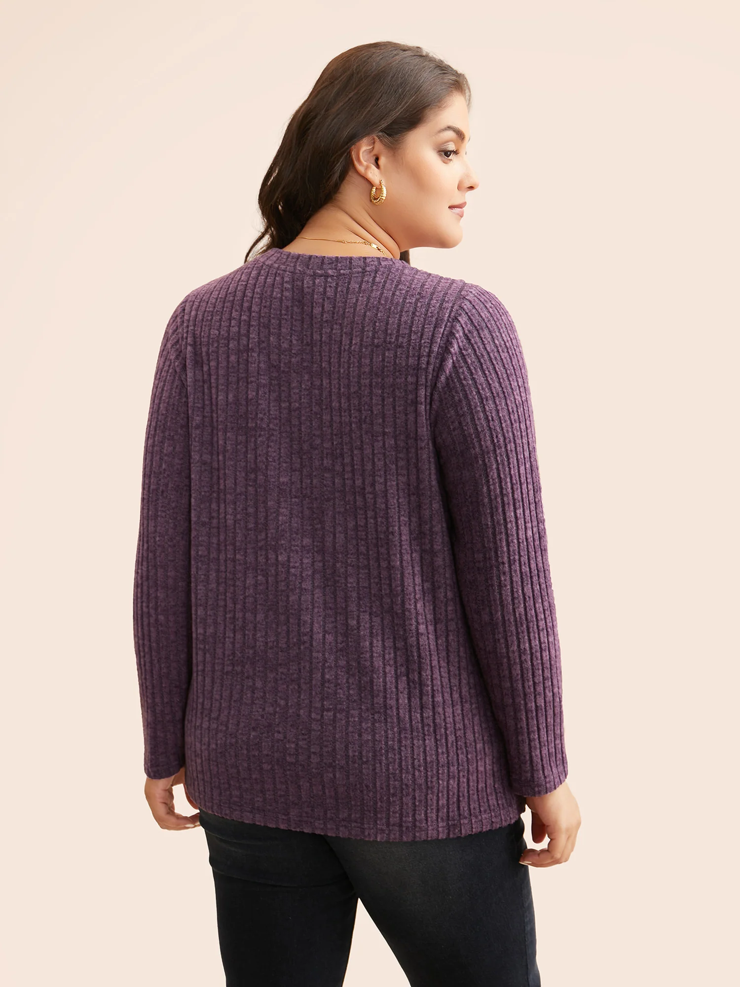V Neck Button Detail Rib Knit T-shirt - Image 3