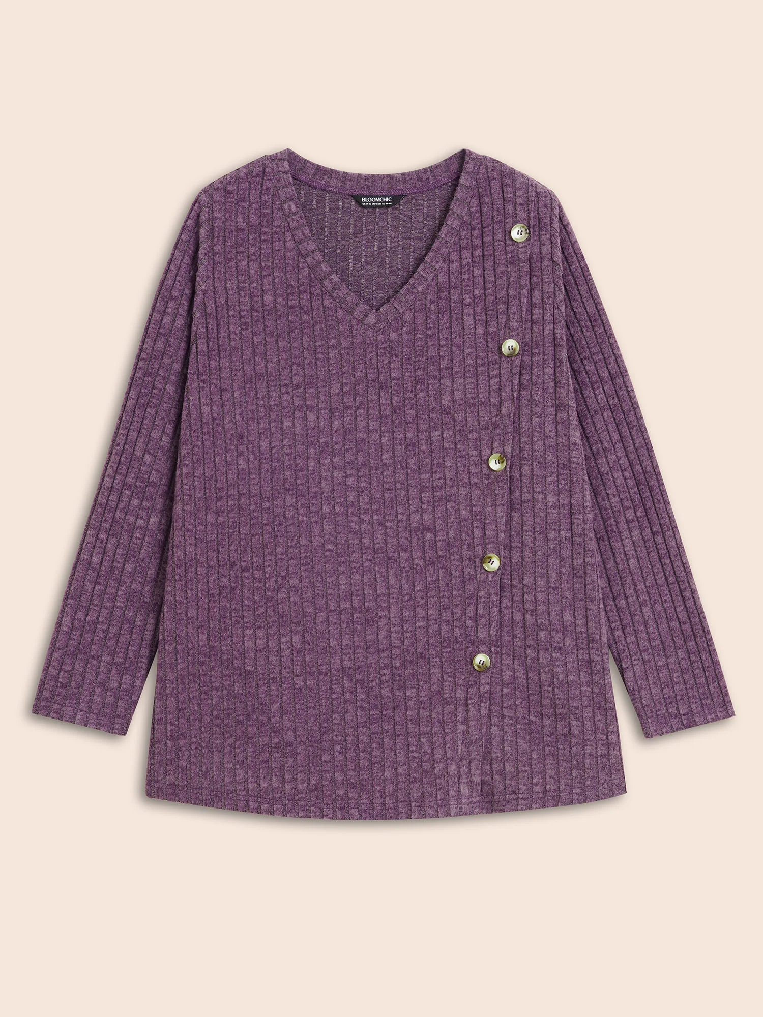 V Neck Button Detail Rib Knit T-shirt - Image 7