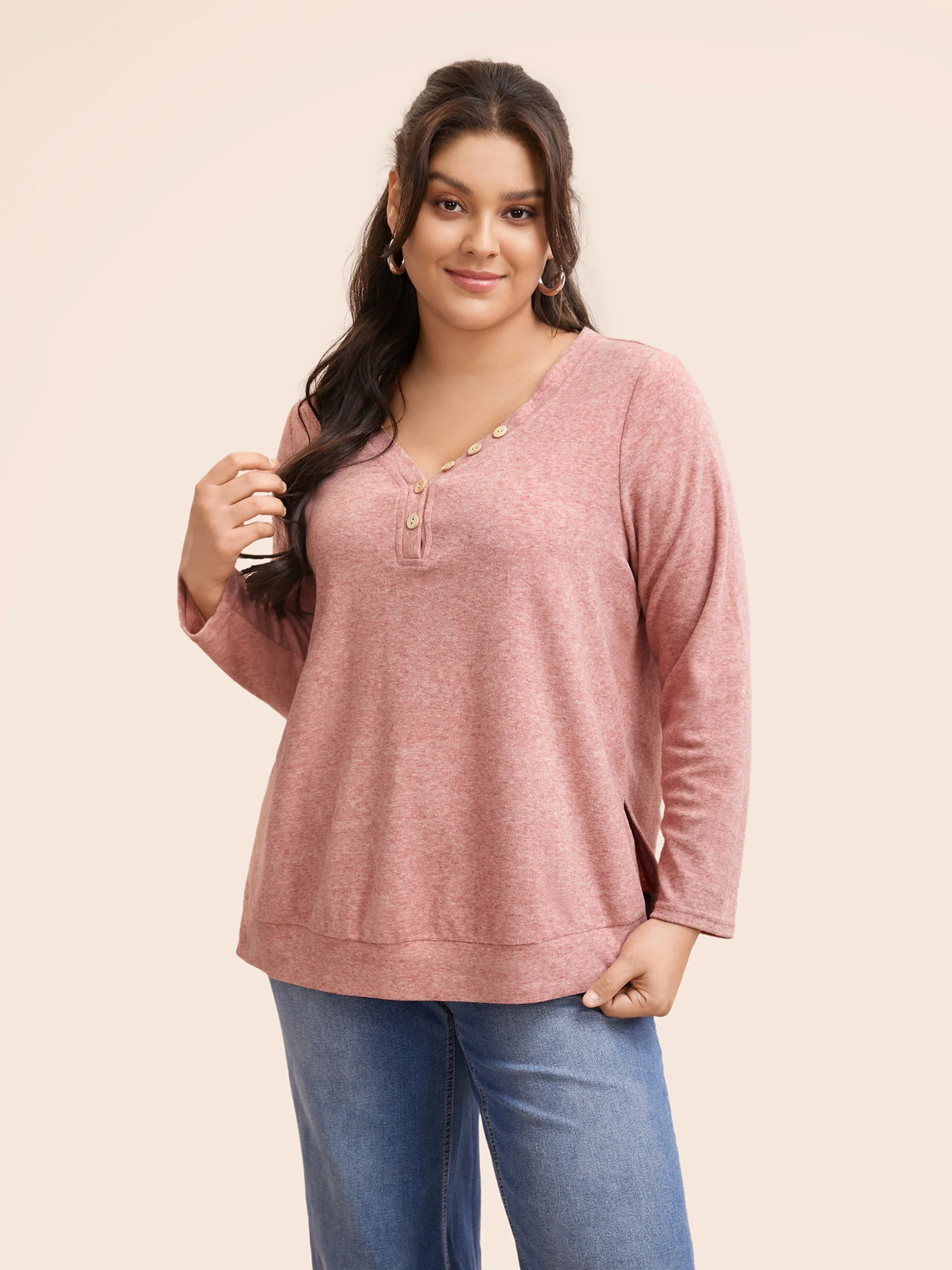 V Neck Button Detail Split Hem T-shirt