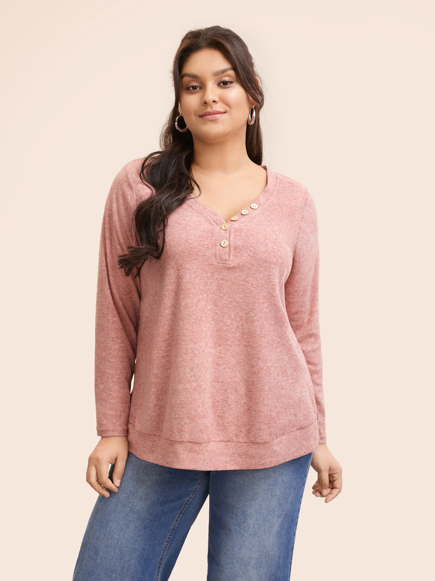 V Neck Button Detail Split Hem T-shirt - Image 2