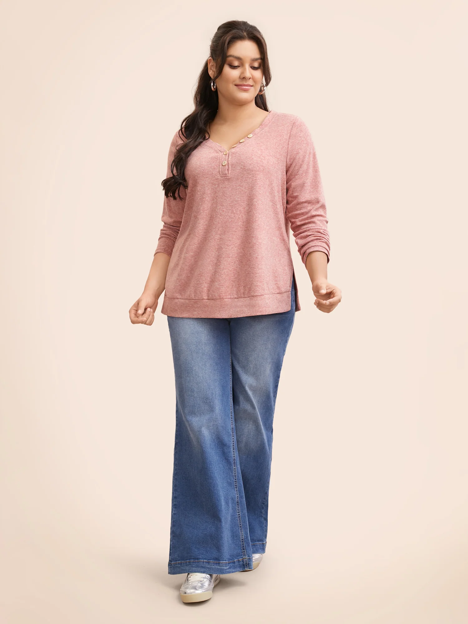 V Neck Button Detail Split Hem T-shirt - Image 3