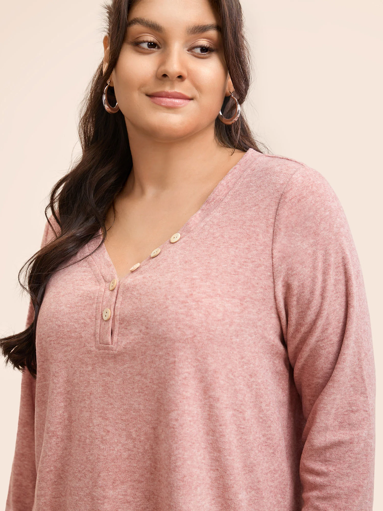 V Neck Button Detail Split Hem T-shirt - Image 4