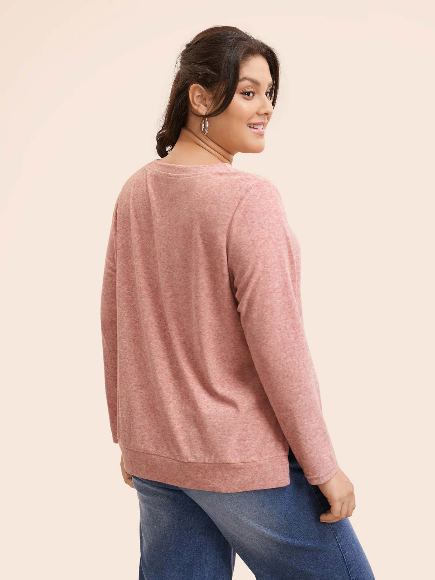 V Neck Button Detail Split Hem T-shirt - Image 5
