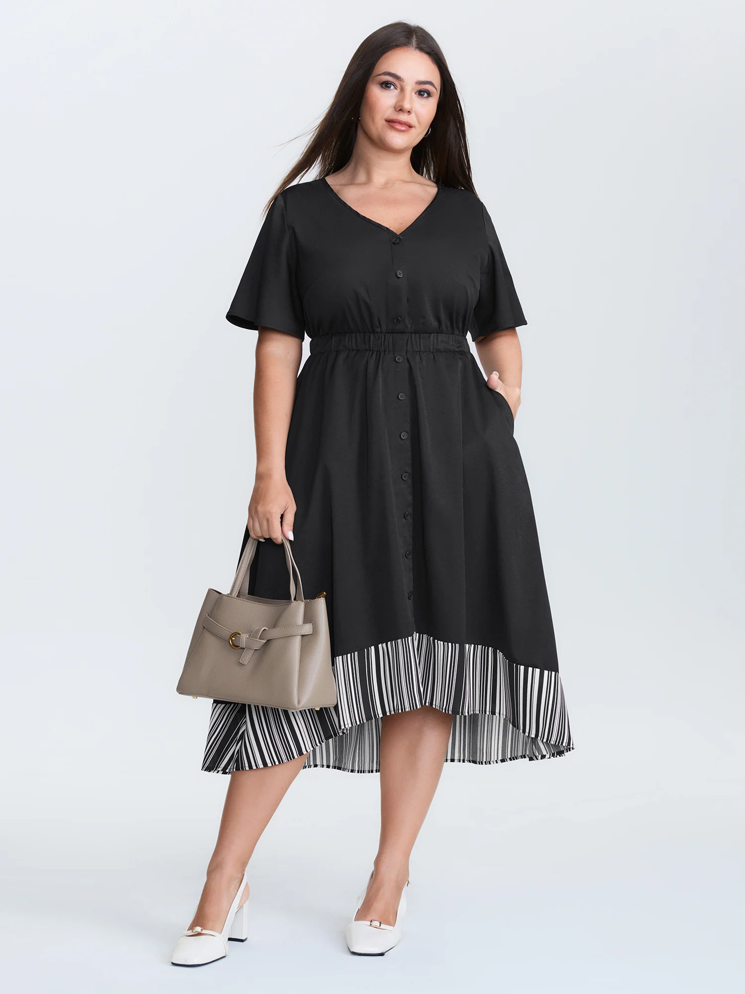 V Neck Button Front Striped Hem Midi Dress