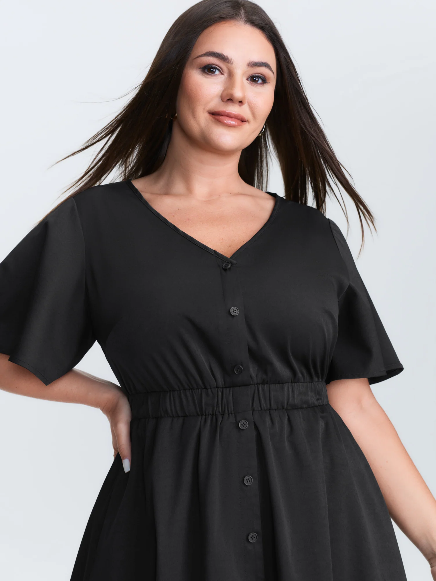 V Neck Button Front Striped Hem Midi Dress - Image 2