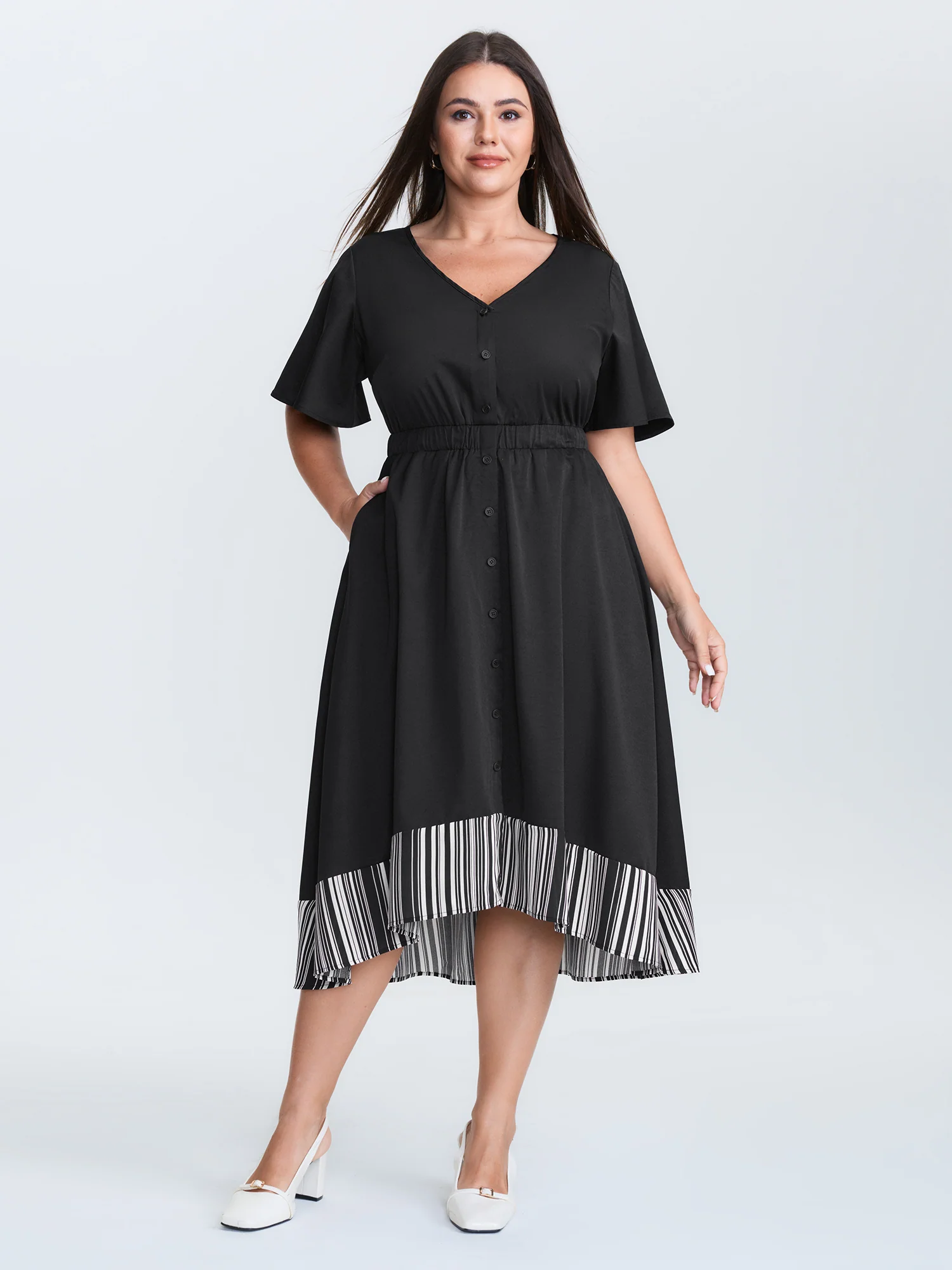 V Neck Button Front Striped Hem Midi Dress - Image 3