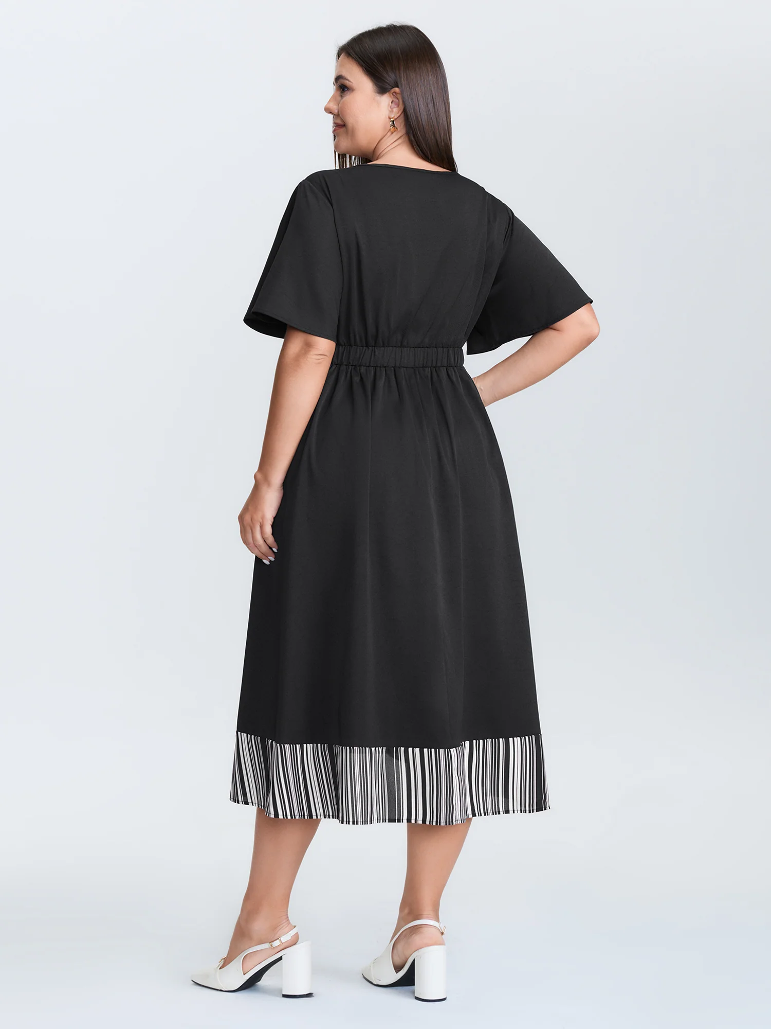 V Neck Button Front Striped Hem Midi Dress - Image 5