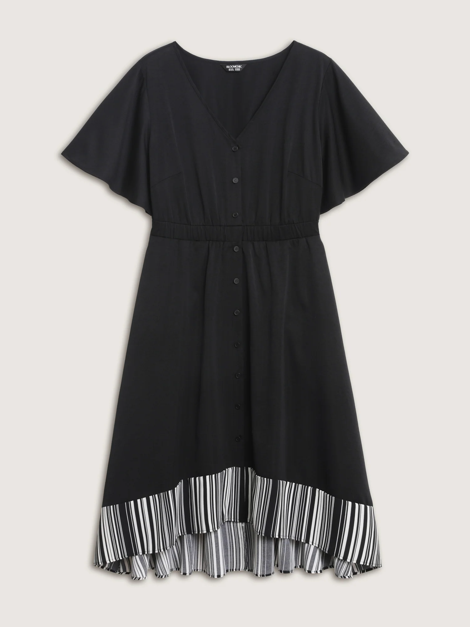 V Neck Button Front Striped Hem Midi Dress - Image 8