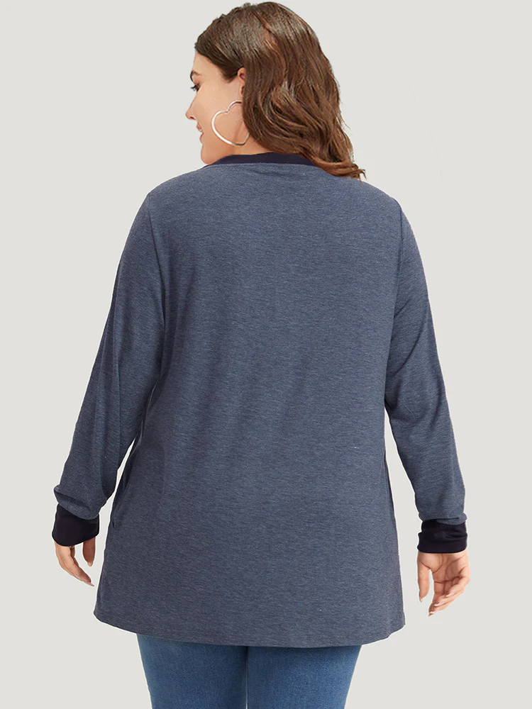 V Neck Button Up Contrast Elastic Cuffs Pocket T-shirt - Image 2