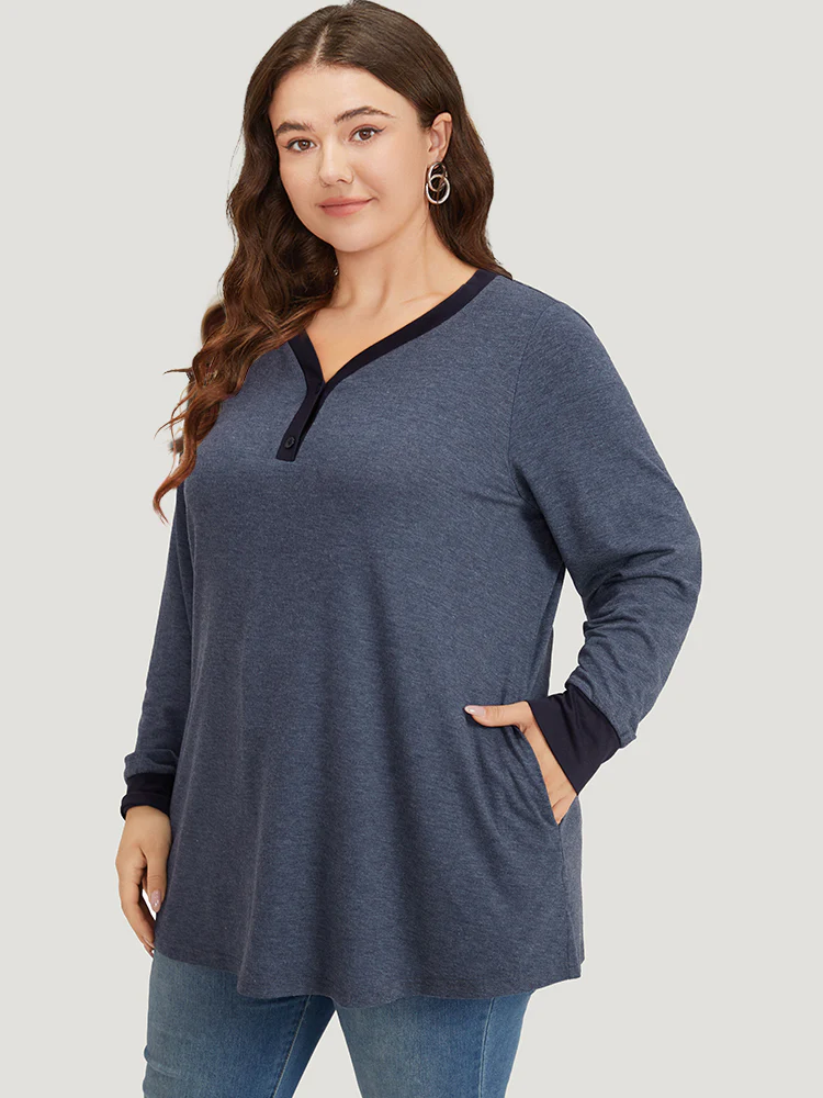 V Neck Button Up Contrast Elastic Cuffs Pocket T-shirt - Image 3
