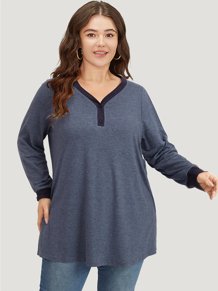 V Neck Button Up Contrast Elastic Cuffs Pocket T-shirt - Image 4
