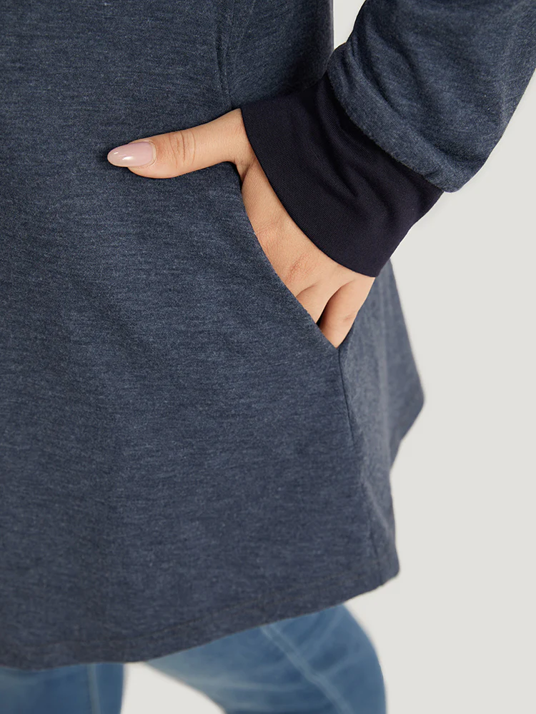 V Neck Button Up Contrast Elastic Cuffs Pocket T-shirt - Image 5