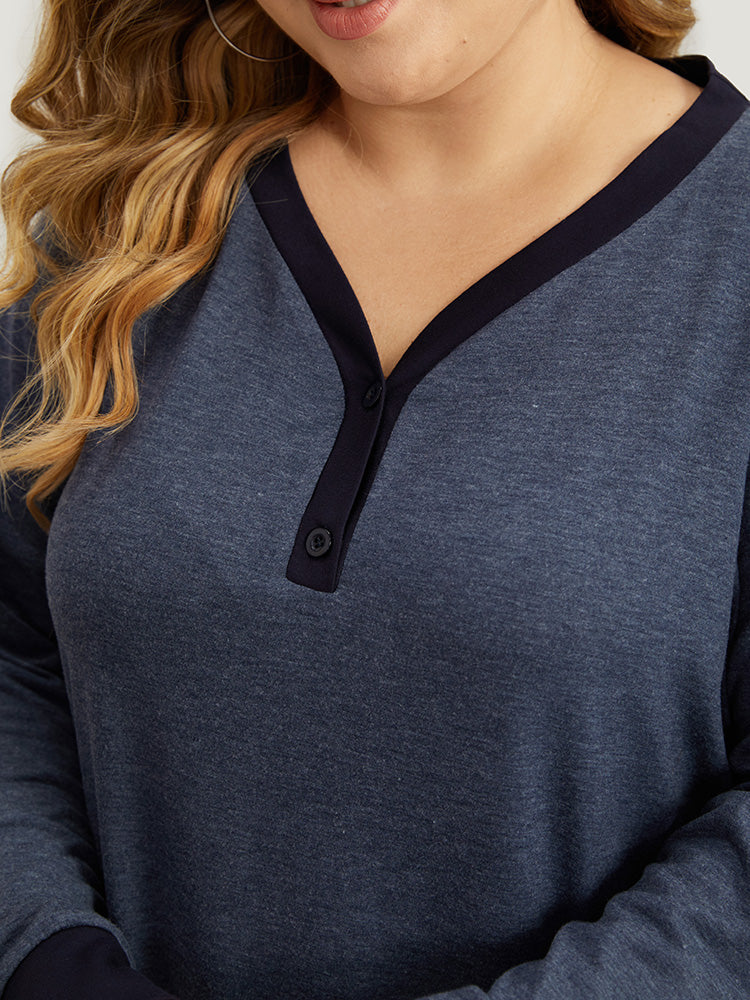 V Neck Button Up Contrast Elastic Cuffs Pocket T-shirt - Image 6