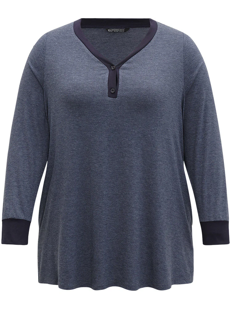 V Neck Button Up Contrast Elastic Cuffs Pocket T-shirt - Image 7